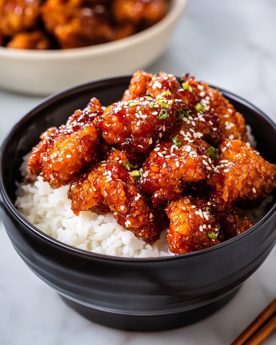 This image shows a black cast iron pan filled with many pieces of golden-brown fried chicken coated in a shiny, sticky, dark orange sauce. The chicken pieces are irregular in shape and covered evenly with the sauce, which gives them a rich, glossy look. Scattered on top are small green slices of spring onion and white sesame seeds, adding contrast and texture. The pan is sitting on a surface with a white marbled texture in the background. Photo taken with an iphone --ar 4:5 --v 7
