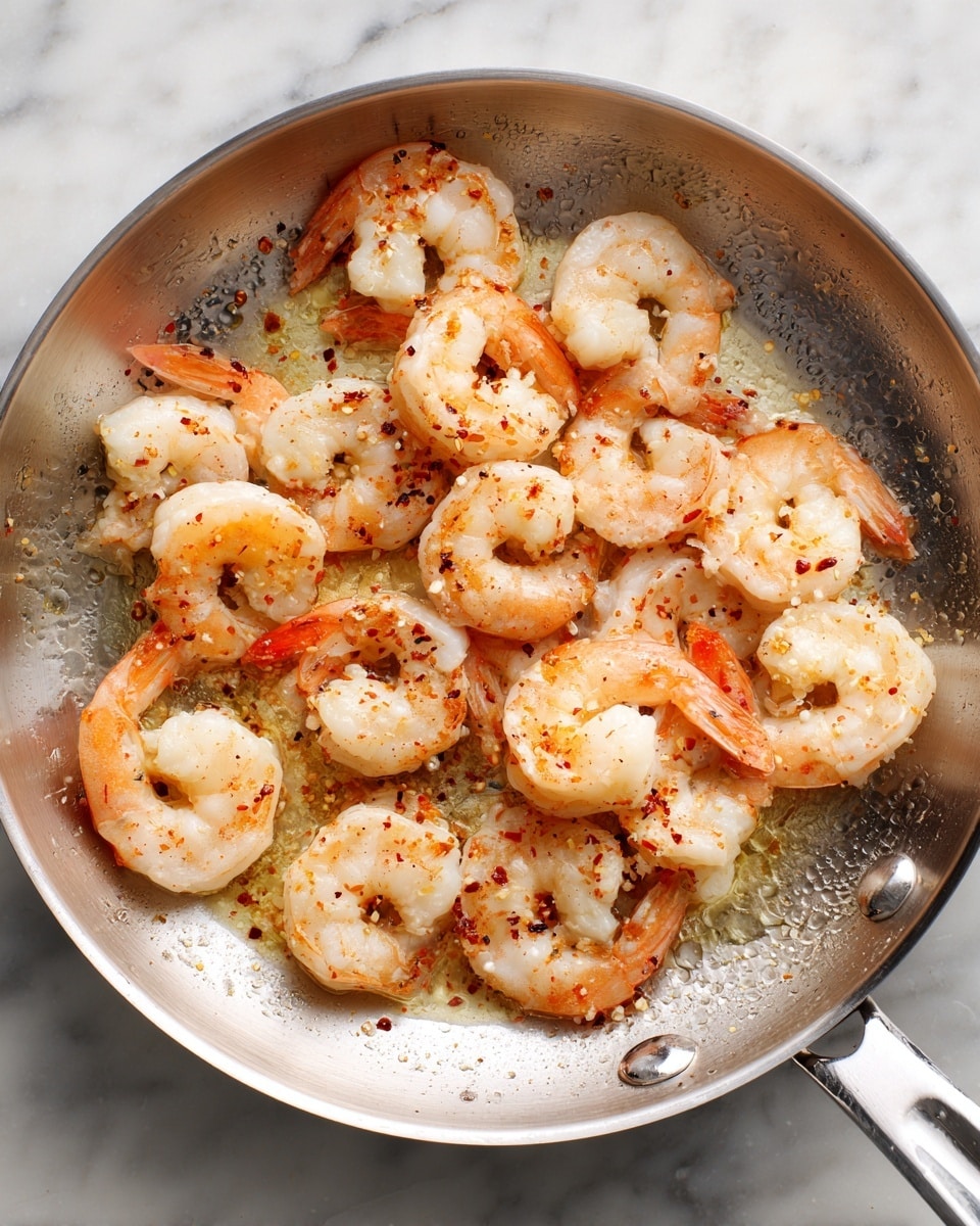 A close-up view of a stainless steel pan filled with a single layer of shrimp. The shrimp are light pink and white with some parts turning orange due to seasoning, which is sprinkled evenly across them giving a reddish tint. The pan has a shiny surface with some small oil spots visible beneath the shrimp. The background is a white marbled surface. Photo taken with an iphone --ar 4:5 --v 7