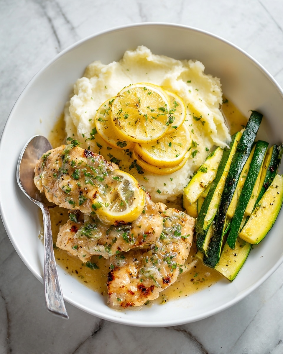 The dish is served in a white bowl set on a white marbled texture. It has three main layers: the bottom layer is sautéed zucchini sticks, green with a light shine, placed on the right side; the middle layer consists of two golden brown, pan-seared pieces of chicken with a slight crust and a shiny garlic butter sauce on top, garnished with scattered small green herbs; the top layer includes a few bright yellow lemon slices placed near and on the chicken, alongside a serving of creamy white mashed potatoes on the left side. A silver spoon with a lemon slice rests diagonally across the zucchini and chicken. Photo taken with an iphone --ar 4:5 --v 7