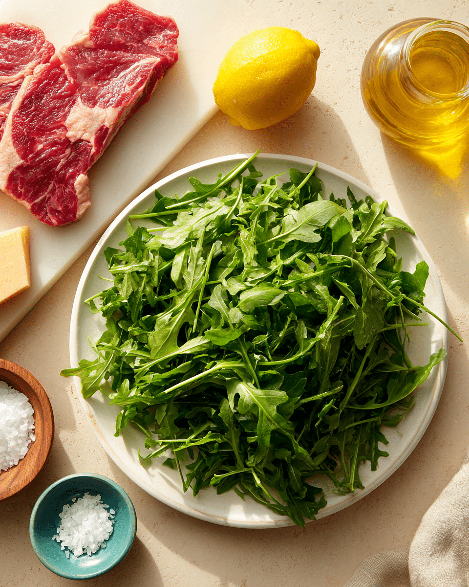 A white plate is filled with fresh, bright green arugula leaves, piled high and showing fine jagged edges. To the left of the plate, two pieces of raw red steak with white marbled fat and texture rest on a white cutting board. Above the plate, a bright yellow lemon and a small glass jug of golden olive oil sit next to a small piece of pale yellow parmesan cheese. Two small bowls, one wooden and one turquoise, each hold coarse white salt, arranged on a light beige surface with a subtle texture. The whole scene is well-lit, showing natural colors and textures clearly, photo taken with an iphone --ar 4:5 --v 7