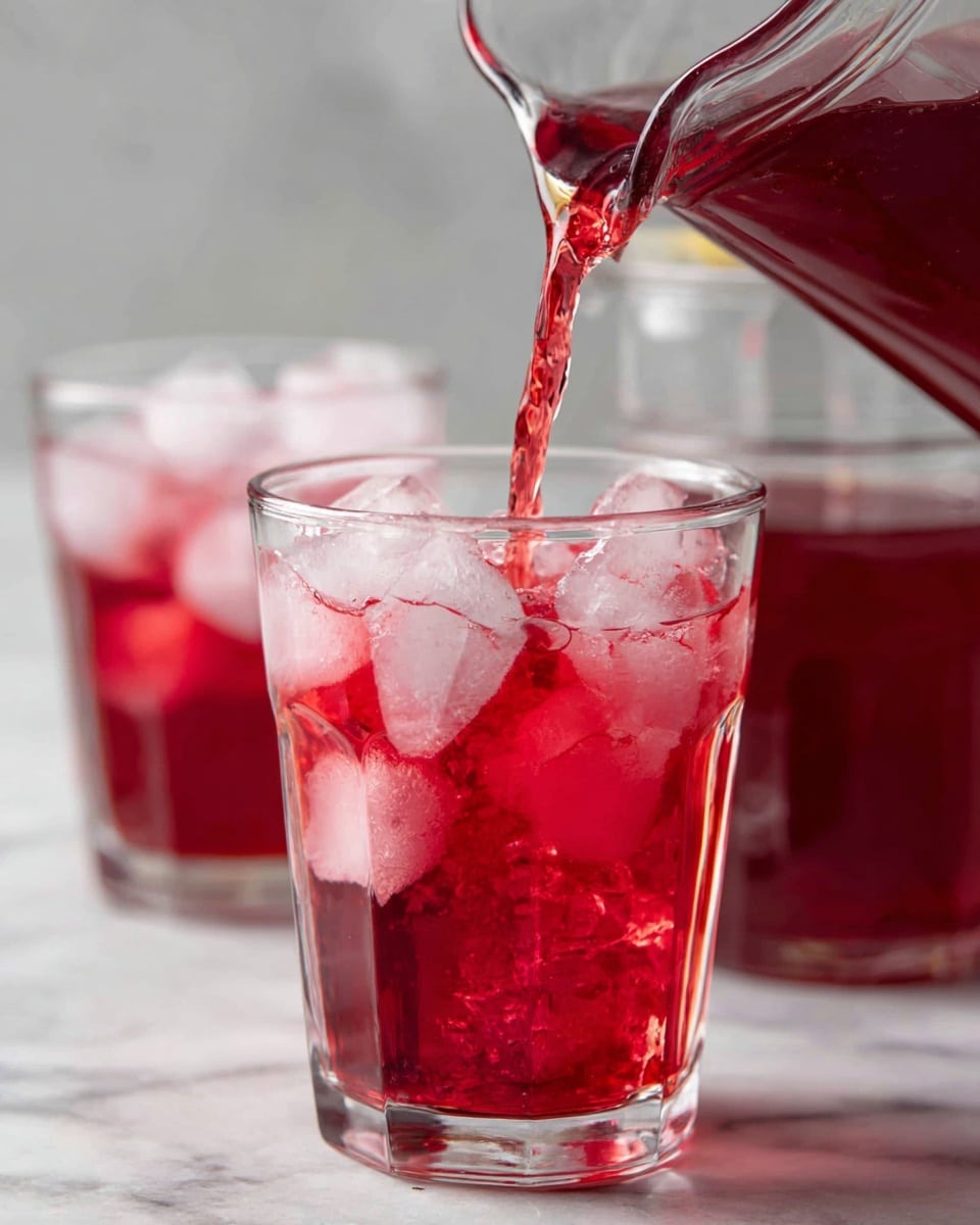 A close-up image shows a glass container with a bright red liquid being poured from a clear pitcher into it. The glass container has ice cubes inside, making the red drink mixed with clear ice. In the background, there are more glass containers with the same red liquid and some lemon slices placed on a white marbled surface, adding a fresh and bright touch. The image captures the flow of the liquid smoothly falling into the glass container. photo taken with an iphone --ar 4:5 --v 7