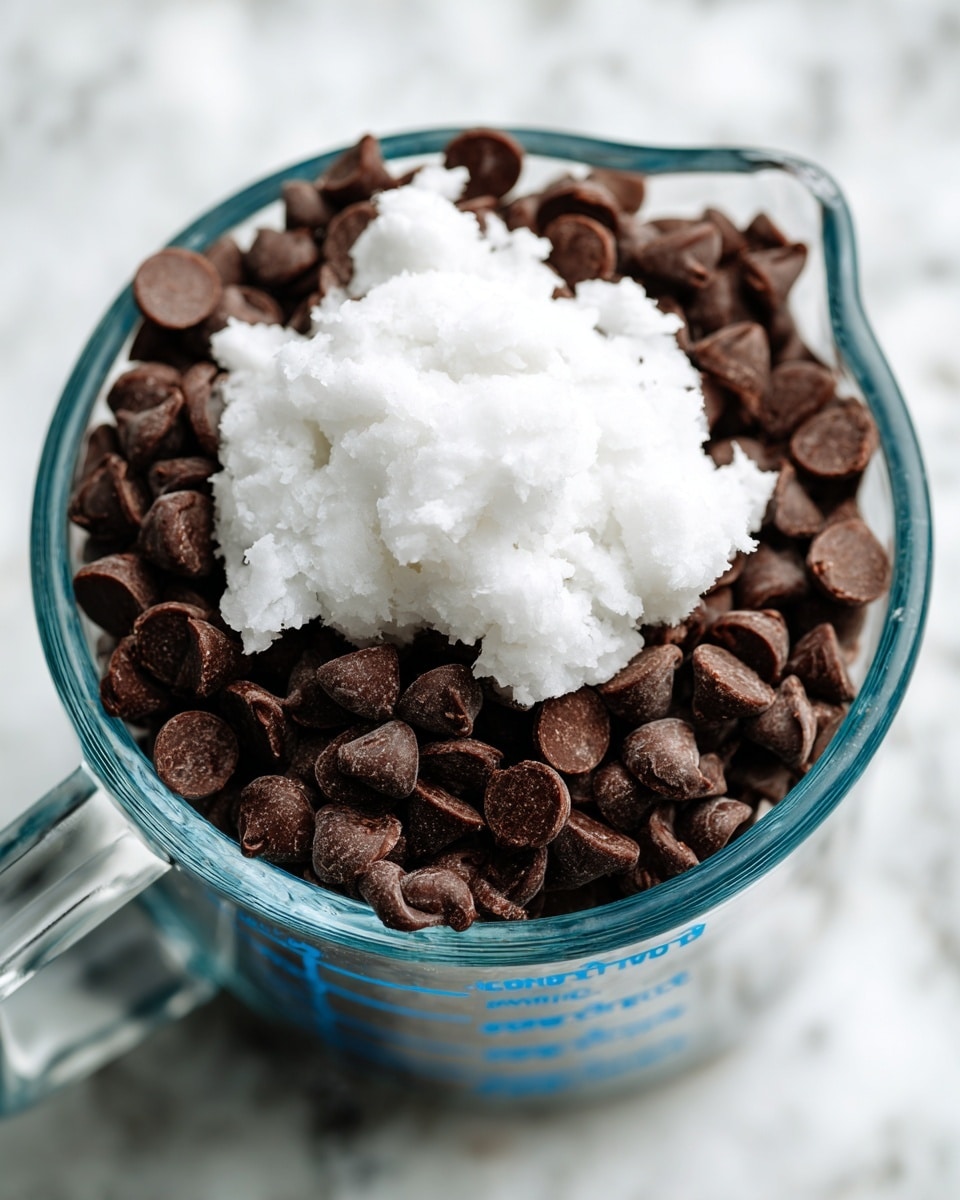 A clear glass measuring cup filled with dark brown chocolate chips, topped with a large dollop of white solid coconut oil. The measuring cup shows blue measurement markings and sits on a white marbled surface. The scene is close up with a soft focus on the texture of the mixed ingredients, highlighting the contrast between the smooth, shiny chocolate chips and the creamy, slightly grainy coconut oil photo taken with an iphone --ar 4:5 --v 7