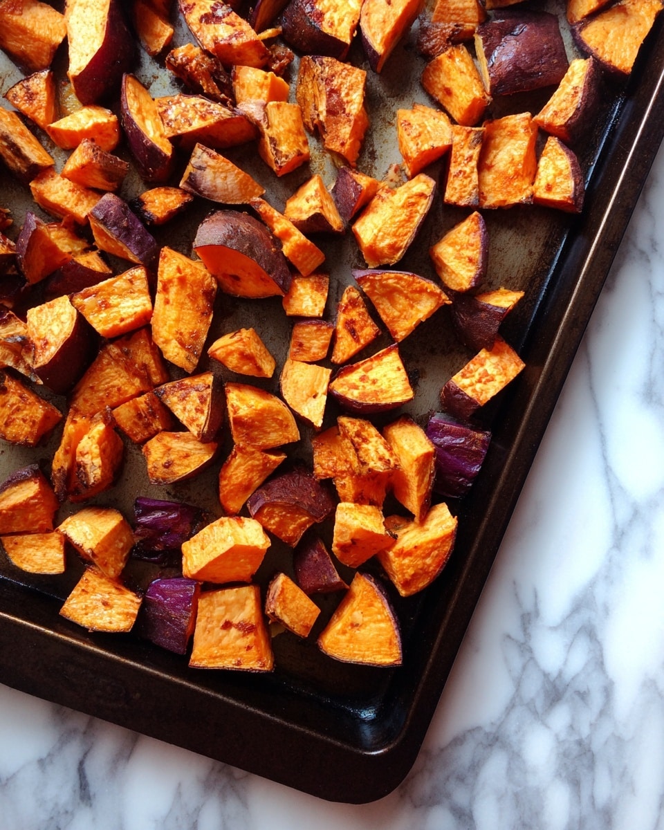 The image shows many pieces of roasted sweet potatoes on a dark baking tray. The sweet potatoes are cut into small to medium-sized chunks with orange flesh and a deep purple skin. The pieces are spread out evenly across the tray, showing a slightly crispy, roasted surface with a soft texture inside. The baking tray rests on a white marbled surface. photo taken with an iphone --ar 4:5 --v 7