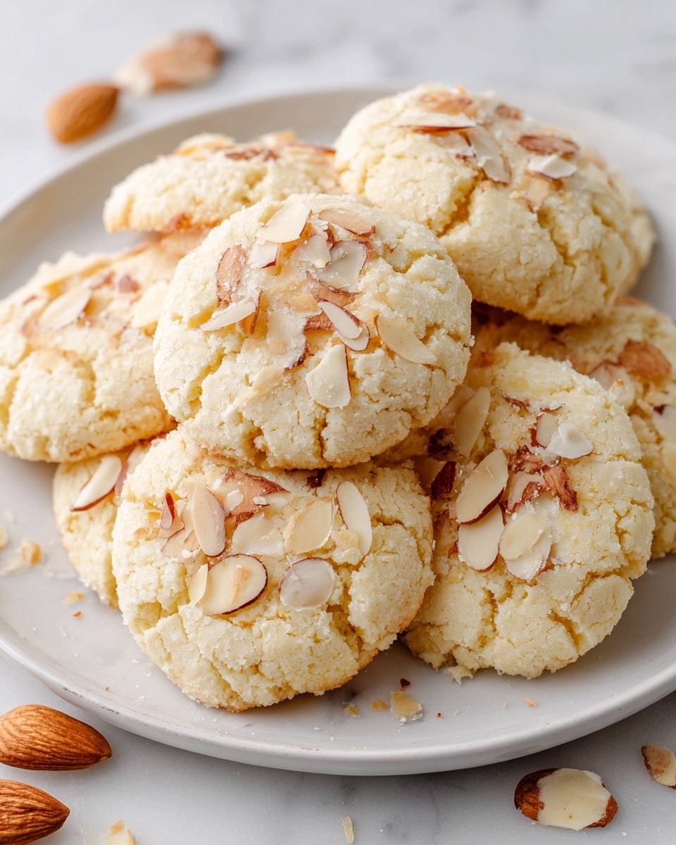 A white plate holds a pile of round, light yellow cookies with a soft, cracked surface. Each cookie is topped with thin, irregular pieces of light brown almond slices, scattered unevenly on the top layer. The cookies are stacked slightly on each other, showing their soft, crumbly texture. The plate sits on a white marbled surface, with a few almond slices and parts of a cookie visible nearby for added texture. The overall look is clean, bright, and simple, highlighting the cookies' delicate details. photo taken with an iphone --ar 4:5 --v 7