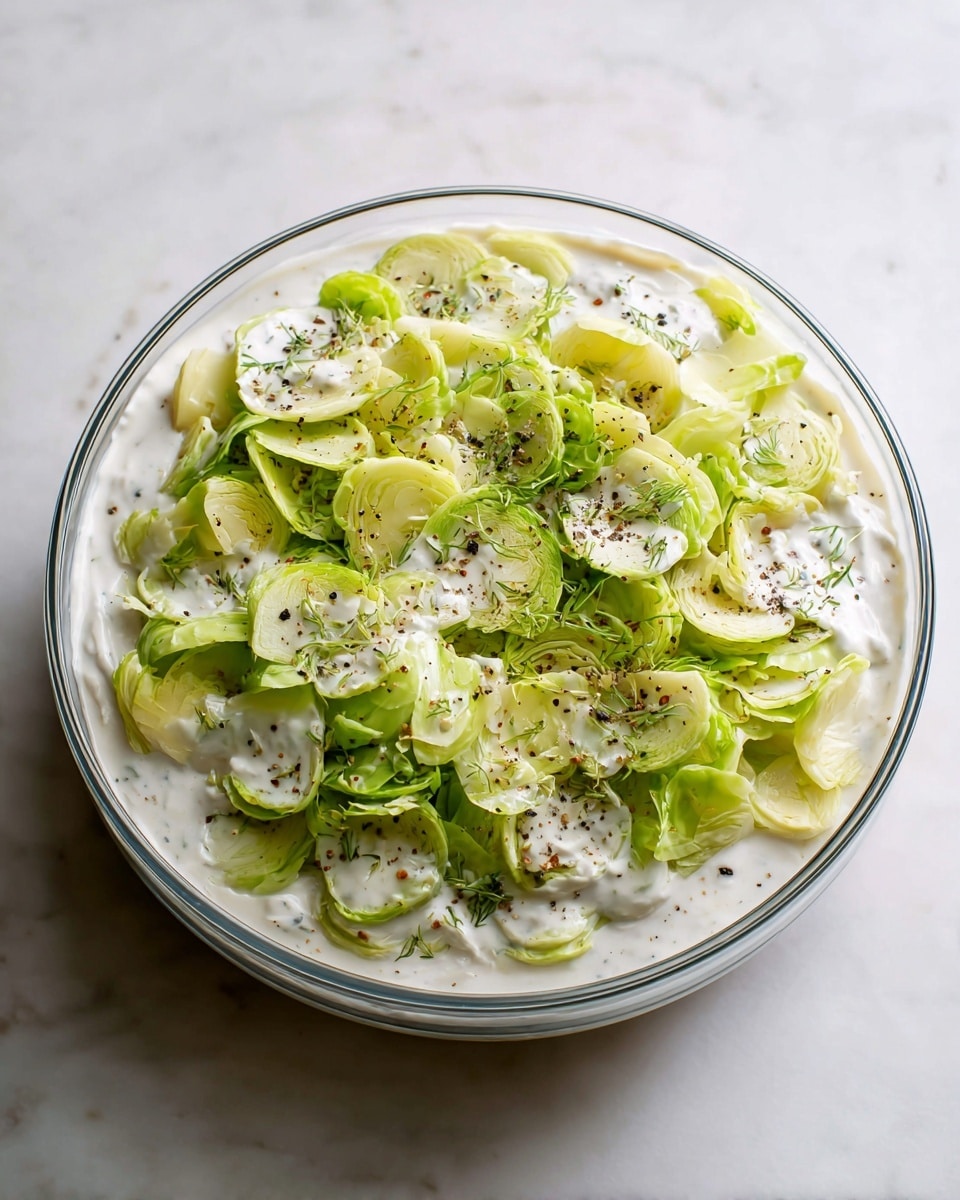 A clear glass bowl is filled with two layers of thinly sliced Brussels sprouts, bright green and light yellow in color, arranged to cover the entire bowl. On top, there is a thick layer of creamy white sauce speckled with black pepper and small herbs, slightly spread out but mostly concentrated in the center. The bowl sits on a white marbled surface, with soft natural light highlighting the fresh textures and colors of the vegetables and sauce. photo taken with an iphone --ar 4:5 --v 7