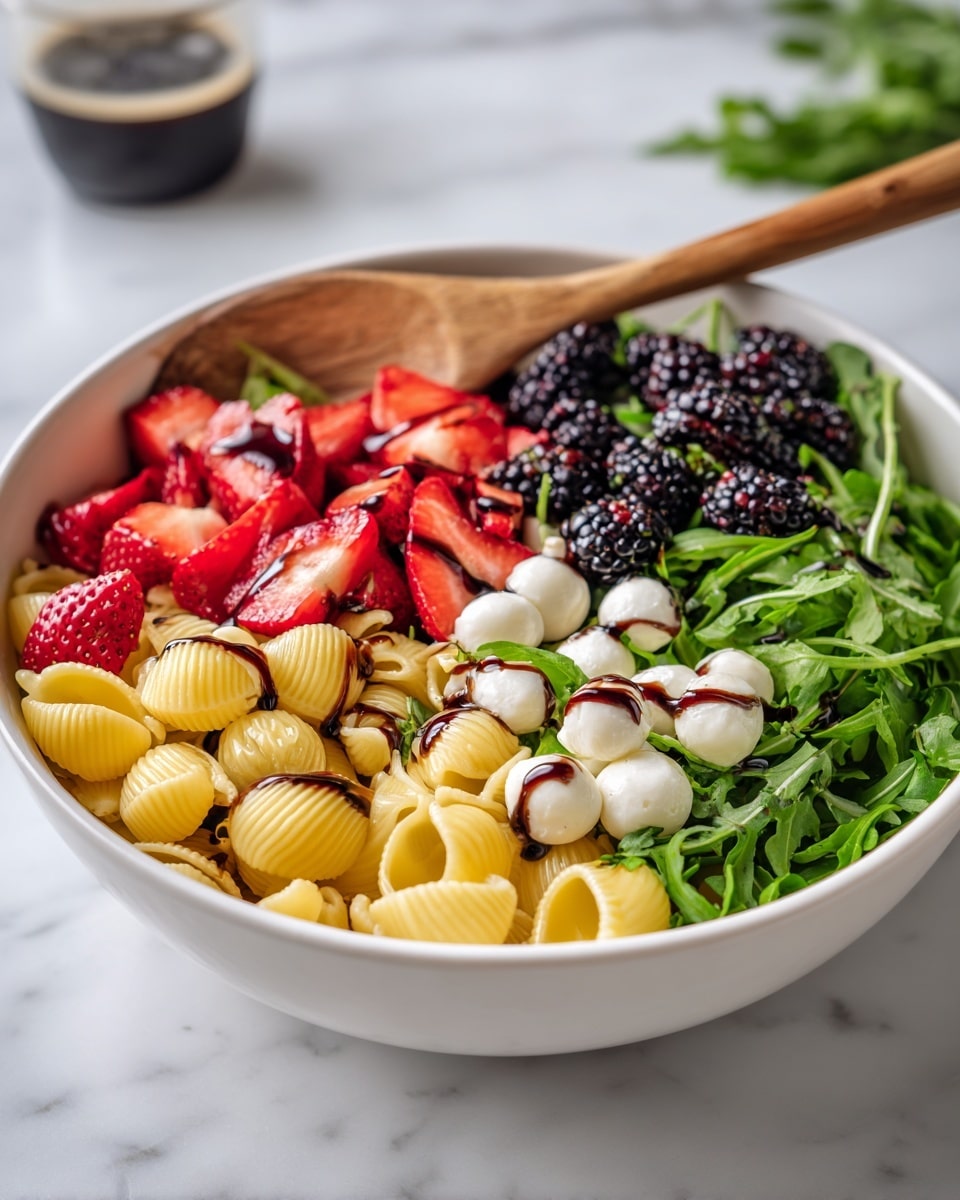 The image shows a white bowl full of three layers: the first layer is yellow shell pasta with a slightly shiny, smooth texture; the second layer consists of bright green arugula leaves spread evenly throughout; the third layer has red chopped strawberries, whole blackberries with bumpy surfaces, and small white mozzarella balls with a smooth texture scattered on top. A light drizzle of dark balsamic glaze creates a slight sheen on the ingredients. A wooden spoon is partially visible inside the bowl, resting gently among the colorful salad. The bowl sits on a white marbled surface with a blurry cup in the background. Photo taken with an iphone --ar 4:5 --v 7