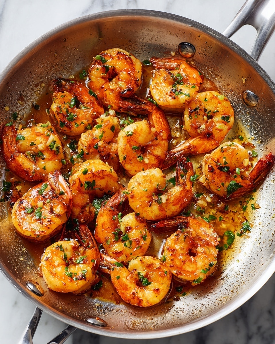 A close-up view of a stainless steel pan filled with cooked shrimp, each shrimp showcasing a bright orange color with slight char marks and small green herb bits sprinkled over them, sitting against a white marbled surface. The shrimp are plump with a shiny, smooth texture and are evenly spread within the pan. The pan shows some brown oil spots and light searing around the edges. Photo taken with an iphone --ar 4:5 --v 7