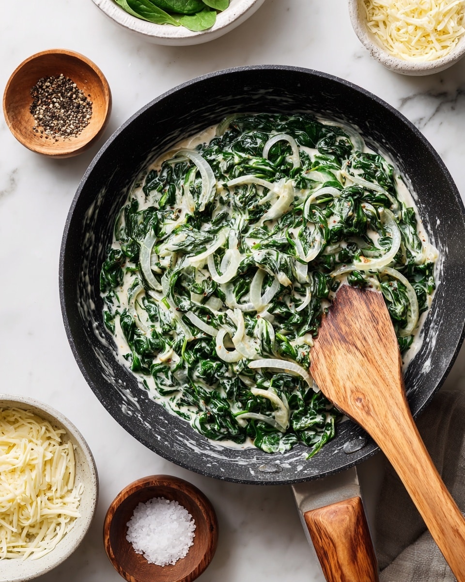 The image shows a close-up of a black pan filled with cooked spinach mixed with a creamy white sauce and thinly sliced onions, creating a two-layered mix of vibrant green and white. A wooden spatula with a smooth texture is partially resting in the pan, covered lightly with the creamy spinach mixture. The pan sits on a white marbled surface, around which small white bowls contain shredded cheese and more fresh green spinach. Two small wooden bowls hold coarse salt and black pepper, adding warm brown and black accents to the scene. The overall setting is clean and bright with fresh ingredients displayed simply. photo taken with an iphone --ar 4:5 --v 7
