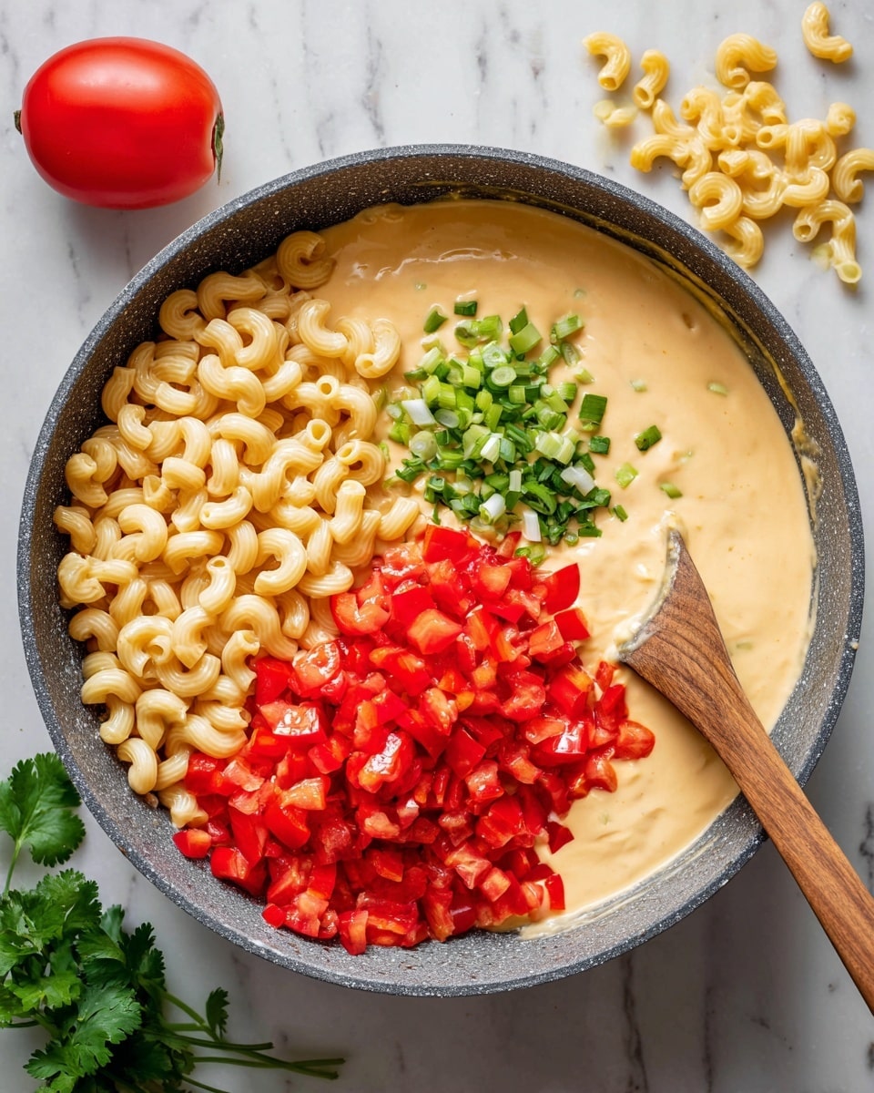 The image shows a large gray pan filled halfway with thick creamy pale yellow sauce. On top of the sauce, there are three clear sections: one with light beige elbow macaroni pasta on the left, another with chopped bright red bell peppers in the middle, and the last one on the right with diced fresh red tomatoes mixed with small green onion slices. A wooden spoon is stirring those ingredients in the sauce from the upper right side. Outside the pan, there are a few loose pasta pieces and fresh cilantro leaves arranged on a white marbled surface with a red tomato visible near the top. Photo taken with an iphone --ar 4:5 --v 7