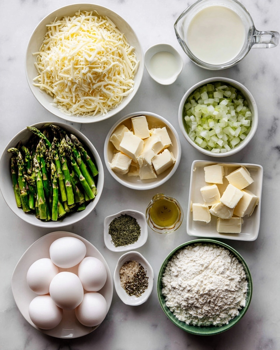 The image shows various ingredients arranged neatly on a white marbled surface. There is one white bowl filled with shredded cheese, another white bowl containing chopped asparagus, and a third white bowl with diced onions. Additionally, there are three small square white dishes holding minced garlic, salt and pepper mix, and dried herbs. A clear glass measuring cup is filled with milk and placed near three whole white eggs. Two green bowls contain cubed butter and flour. A small glass holds a golden liquid, likely oil or vinegar. All items are spaced evenly with no overlap, creating a clean and organized look. Photo taken with an iphone --ar 4:5 --v 7