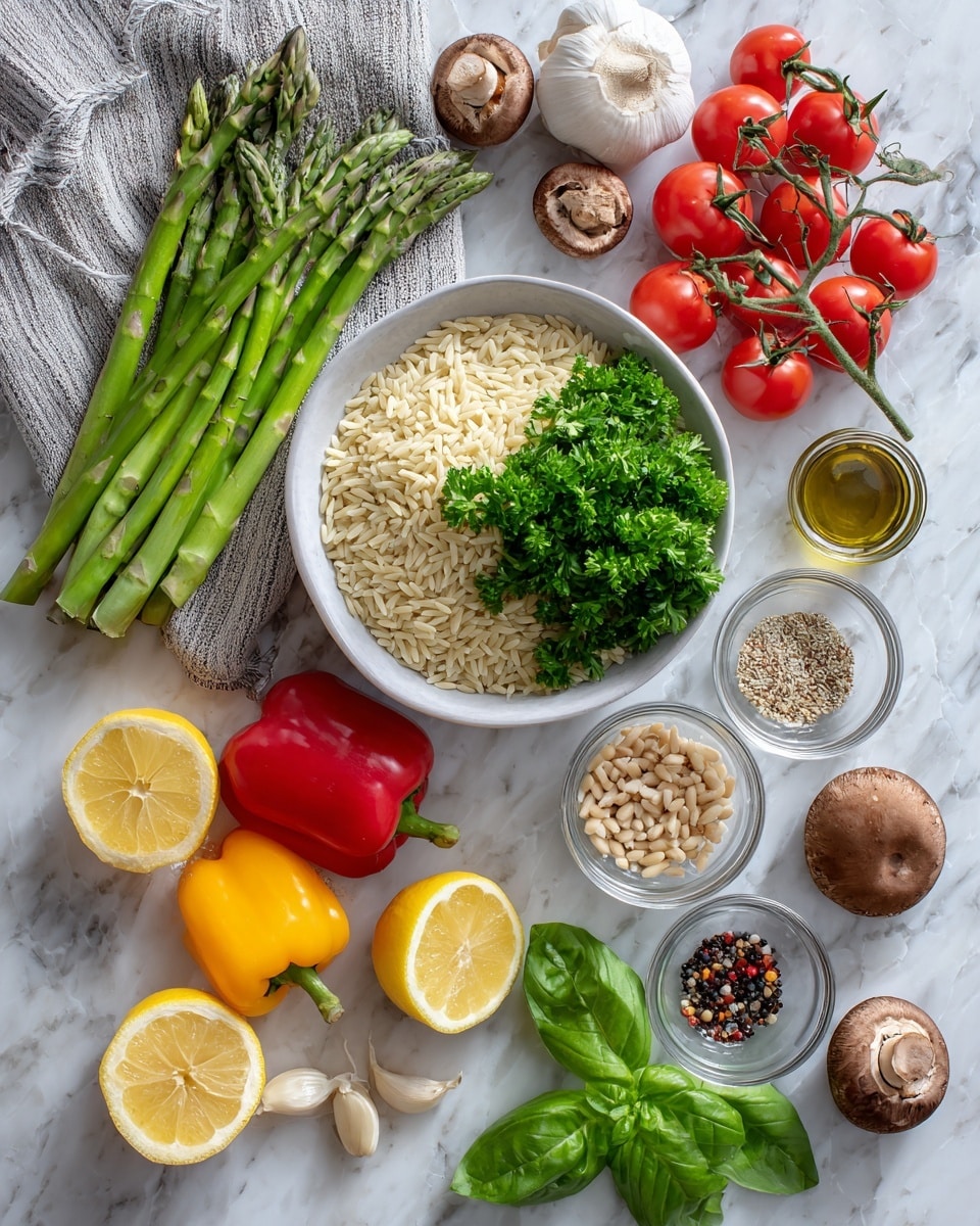 The image shows fresh ingredients neatly arranged on a white marbled surface. In the center, there is a white bowl filled with uncooked orzo topped with a bunch of bright green parsley. To the left, there are green asparagus stalks lying on a gray-striped cloth, with two bunches of red cherry tomatoes still on their stems nearby. Two lemon halves, bright yellow with visible juicy texture, sit below the tomatoes. On the right side, several mini bell peppers in red, orange, and yellow are scattered next to small clear glass bowls holding pine nuts, a mix of salt and pepper, chopped garlic, and olive oil. Four whole brown mushrooms and two garlic cloves lie near a small shallot, and fresh large green basil leaves are placed at the bottom right corner. The overall look is fresh with vibrant colors and varied textures, photo taken with an iphone --ar 4:5 --v 7