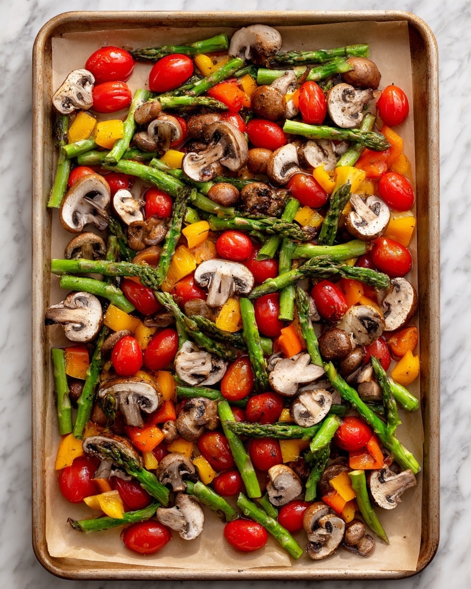 A baking sheet lined with beige parchment paper holds a colorful mix of vegetables evenly spread out. The first layer shows green asparagus stalks cut into pieces, with bright red halved cherry tomatoes scattered around. Sliced brown mushrooms with white centers sit on top of and between the other vegetables. Small pieces of orange and yellow bell peppers add more color throughout the mix. The surface beneath is a white marbled texture. Photo taken with an iphone --ar 4:5 --v 7