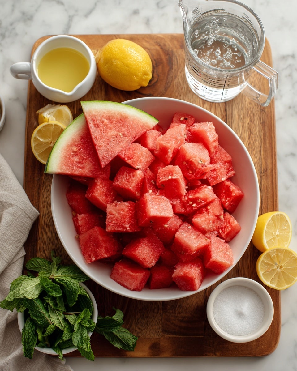 A white bowl filled with many bright red watermelon cubes and two triangular watermelon slices with green rinds placed on top, all sitting on a wooden board with a pourer of yellow real lemon juice, a measuring glass of clear water, a whole yellow lemon and sliced lemon halves, a small white bowl of green mint leaves, and a white cup filled with white sugar, all arranged on a white marbled surface photo taken with an iphone --ar 4:5 --v 7