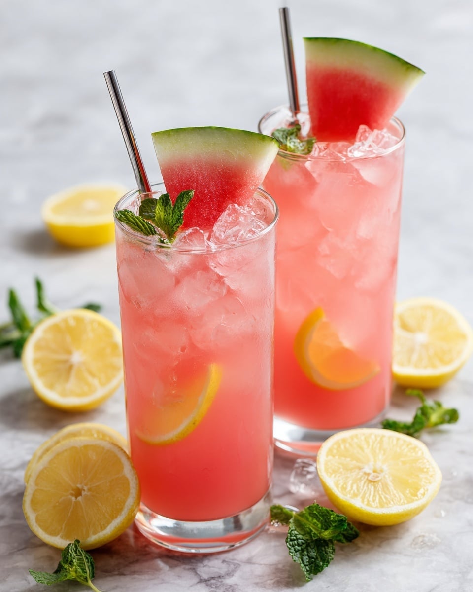 Two tall clear glasses filled with a pink drink and ice cubes are shown side by side. Each glass is topped with two fruit slices: a bright green and red watermelon wedge positioned upright and a yellow lemon wedge placed below it, both resting on the rim. A silver straw sticks out from each glass near the fruit garnish. Around the glasses on a white marbled surface are scattered lemon slices, watermelon wedges, and sprigs of green mint leaves. The light is bright and soft, giving a fresh and cool feel to the scene. photo taken with an iphone --ar 4:5 --v 7