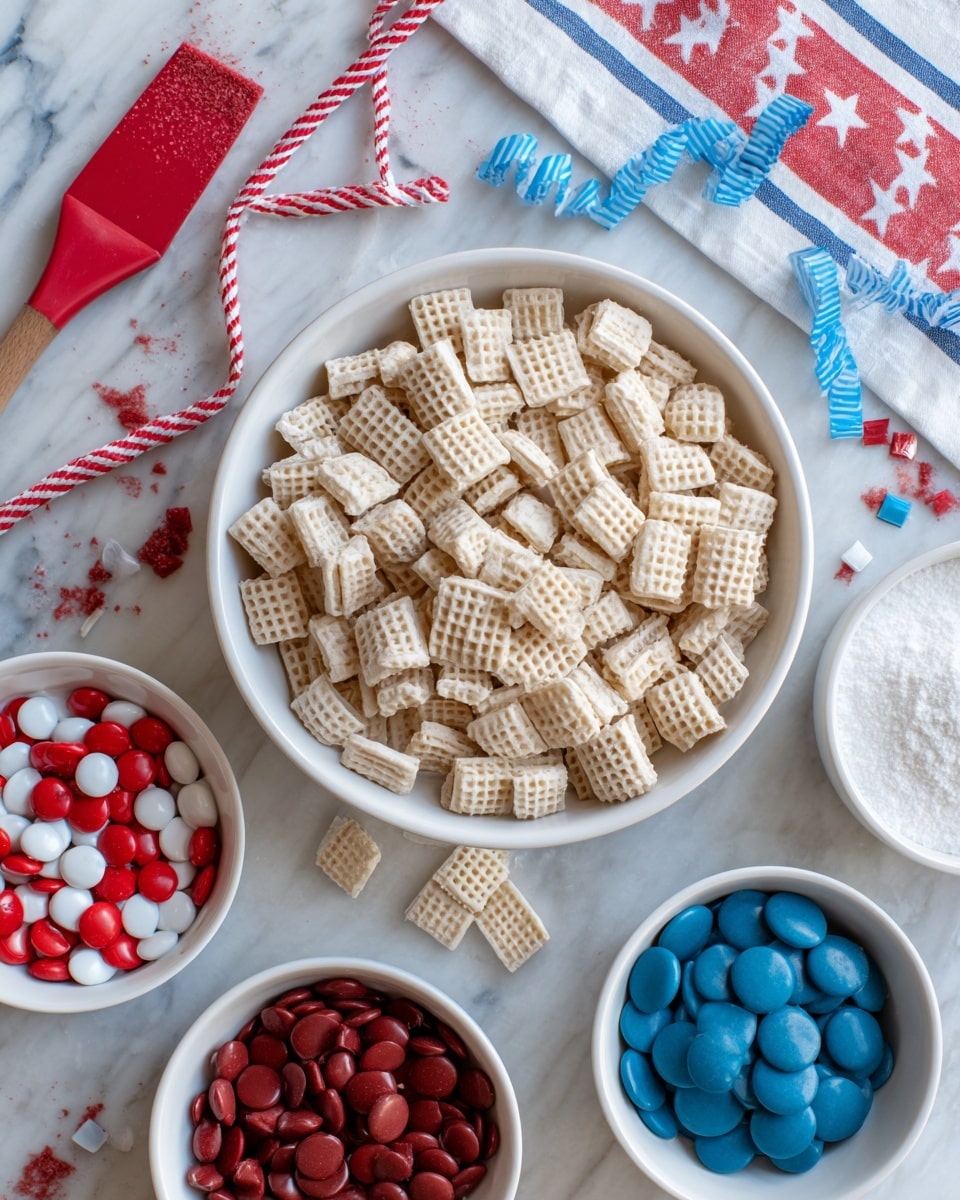 A white bowl filled with square-shaped light beige cereal pieces with a waffle-like texture sits in the center, some cereal pieces are scattered around it on a white marbled surface. Below, there are four smaller white bowls arranged in two rows: the top row has a bowl of red, white, and blue candy-coated sweets on the left and a bowl filled with white powdered sugar on the right; the bottom row has a bowl of red chocolate discs on the left and a bowl of dark blue chocolate discs on the right. Some of the candy-coated sweets are spilled on the surface near the bottom. On the left side, a red spatula with a wooden handle is partially visible. Twisted red and white striped paper streamers and blue paper streamers with white stars are placed to the left side in the background, along with a white towel featuring red and blue stripes and stars on the right side. photo taken with an iphone --ar 4:5 --v 7