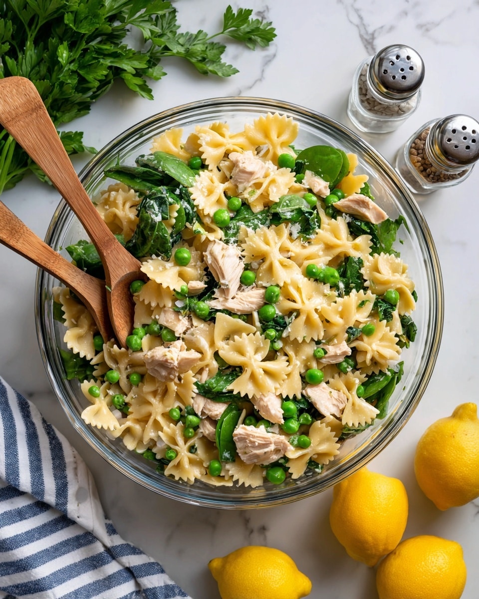 A clear glass bowl holds a mixed pasta salad showing three main layers: on the bottom are small green peas and fresh dark green spinach leaves, scattered throughout are pale yellow bowtie pasta pieces with a smooth texture, and on top are small chunks of light beige cooked chicken. The salad is stirred with two wooden spoons visible in the bowl. Surrounding the bowl on a white marbled surface are fresh green parsley, two glass salt and pepper shakers with silver tops, a brown shallot, and three whole bright yellow lemons with one lemon half facing upward. A striped white and blue cloth is partly visible at the bottom left. Photo taken with an iphone --ar 4:5 --v 7