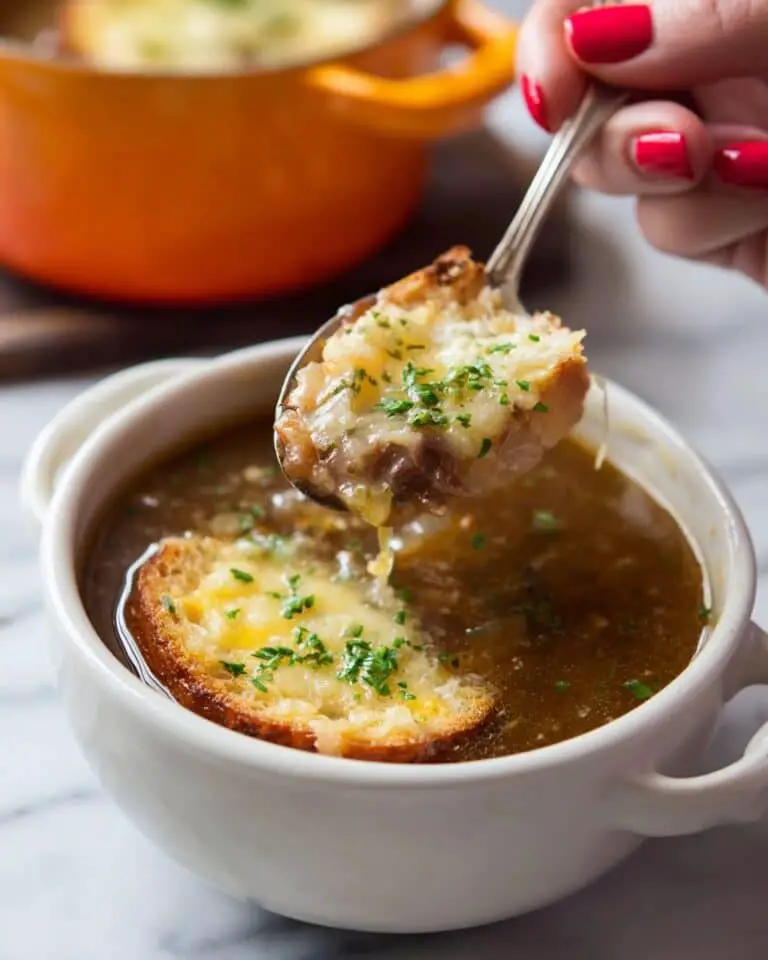 French Onion Beef Soup with Melted Gruyère and Toasted Bread Recipe