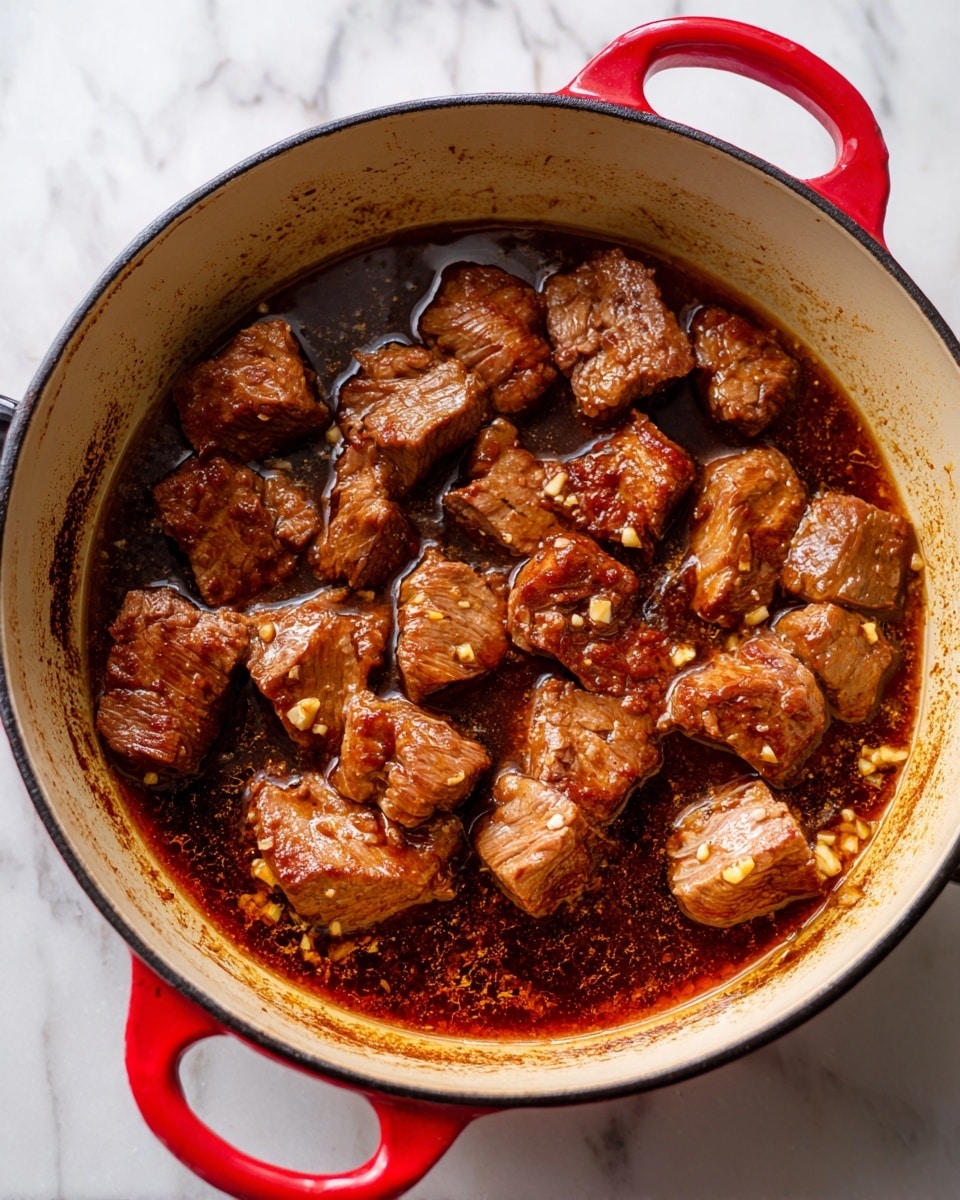 The image shows a red cast iron pot filled with medium-sized chunks of beef cooking in a thin brown sauce. The beef pieces are a mix of light brown and pinkish tones with a glossy, slightly oily texture. The sauce has small bits of garlic and is simmering around the beef, giving a moist appearance. The inside of the pot is white with brown cooking marks near the top edge. The pot rests on a white marbled surface. photo taken with an iphone --ar 4:5 --v 7