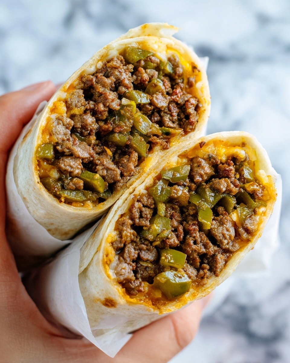 A grilled tortilla taco is folded and filled with three visible layers: the first layer has browned slices of cooked steak pieces in dark brown, the second layer has sautéed light brown onions, and the third layer has bright green strips of cooked bell pepper. The taco is placed on a light brown wooden board. Next to the taco, there is a close-up view of a copper-colored pan with more cooked green bell pepper strips and dark brown steak pieces inside. In the background, there is a white plate with stacked white round tortillas. The surface beneath everything is a white marbled texture. Photo taken with an iphone --ar 4:5 --v 7