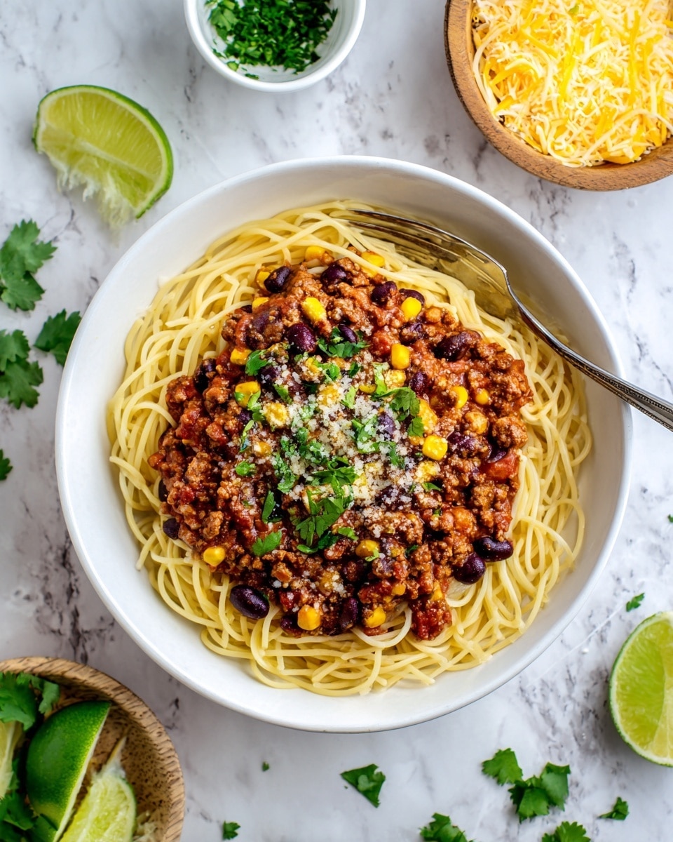 A white bowl with a layer of plain cooked spaghetti at the bottom, topped with a thick layer of chili made with ground meat, black beans, corn, and tomato sauce, sprinkled with crumbled cheese and fresh green cilantro leaves. Two lime wedges rest on the left side of the bowl. A silver fork and spoon lay diagonally on top of the spaghetti with chili. The white marbled surface under the bowl also features scattered cilantro pieces, a whole lime, a small white bowl with green herbs, and a small wooden bowl with shredded yellow cheese. Photo taken with an iphone --ar 4:5 --v 7