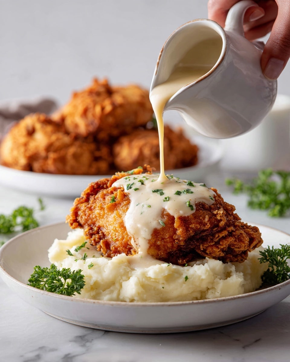The image shows a close-up of a white plate with a golden brown fried chicken piece on the bottom layer, topped with creamy white gravy being poured from a white pitcher held by a woman's hand. Next to the chicken is a generous serving of smooth, white mashed potatoes. In the background on the white marbled surface, there is another white plate with three more pieces of fried chicken, and a few green parsley sprigs used as garnish around the plates. Photo taken with an iphone --ar 4:5 --v 7