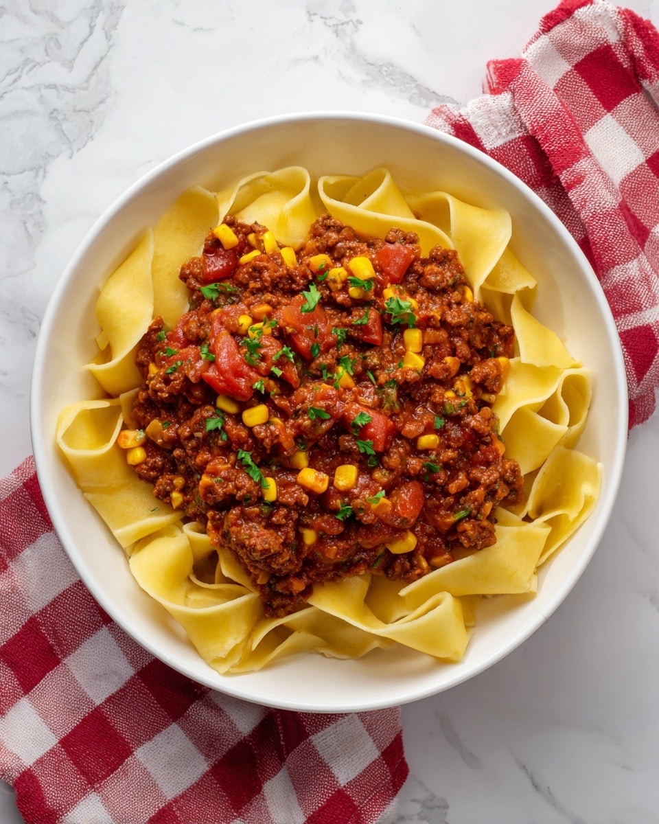A white bowl filled with wide, flat yellow pasta noodles at the bottom layer showing their soft and slightly curled texture. On top, there is a thick layer of rich, chunky reddish-brown sauce made of small ground meat pieces mixed with bright red tomato chunks and scattered bits of yellow corn. The sauce is garnished with finely chopped green herbs that add a fresh touch and small pops of color. The bowl sits on a white marbled surface with a red and white checkered cloth partially visible underneath. Photo taken with an iphone --ar 4:5 --v 7