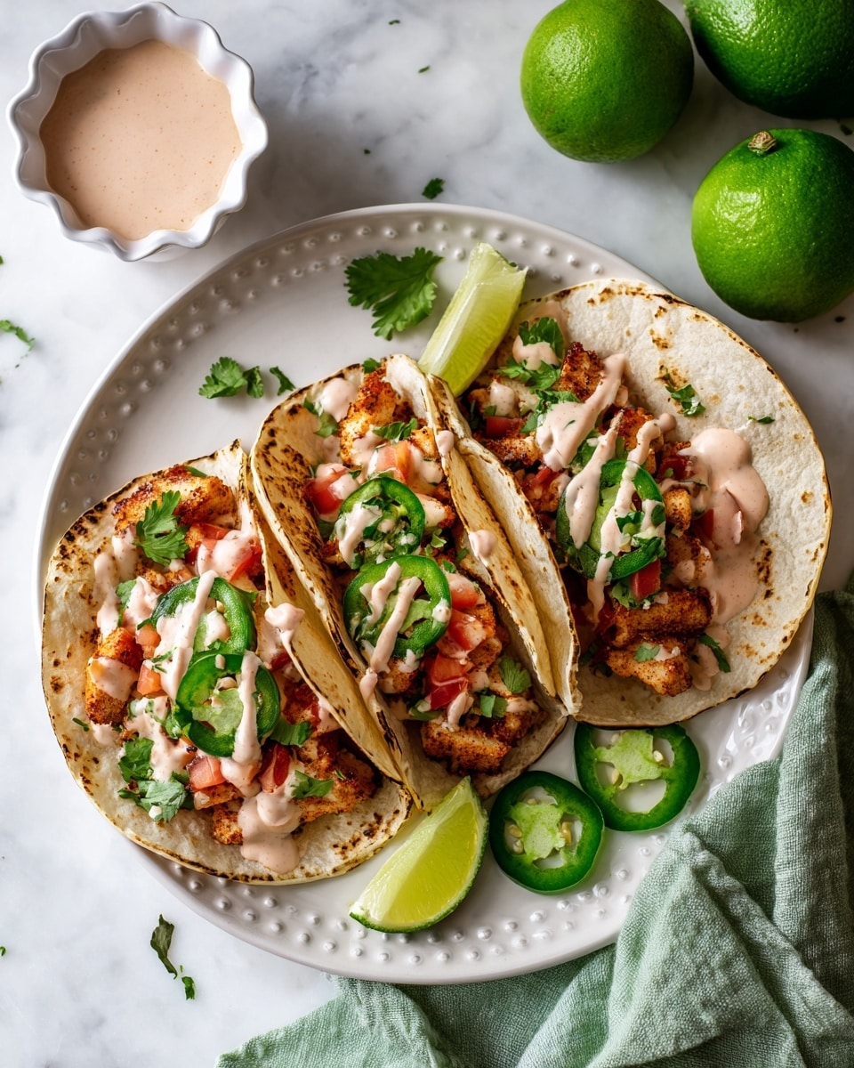 Three soft tacos are placed side by side on a white plate with a dotted edge, resting on a white marbled surface. Each taco has a lightly toasted tortilla shell filled with seasoned, browned fish pieces at the bottom, topped with small red tomato chunks and green cilantro leaves. A light pink creamy sauce is drizzled over each taco in a zigzag pattern. Below the tacos, there is a wedge of green lime and a slice of jalapeño pepper with seeds showing. To the right, a small white scalloped bowl holds more of the light pink creamy sauce, placed over a loosely spread green cloth. Two whole bright green limes sit in the upper right corner. photo taken with an iphone --ar 4:5 --v 7