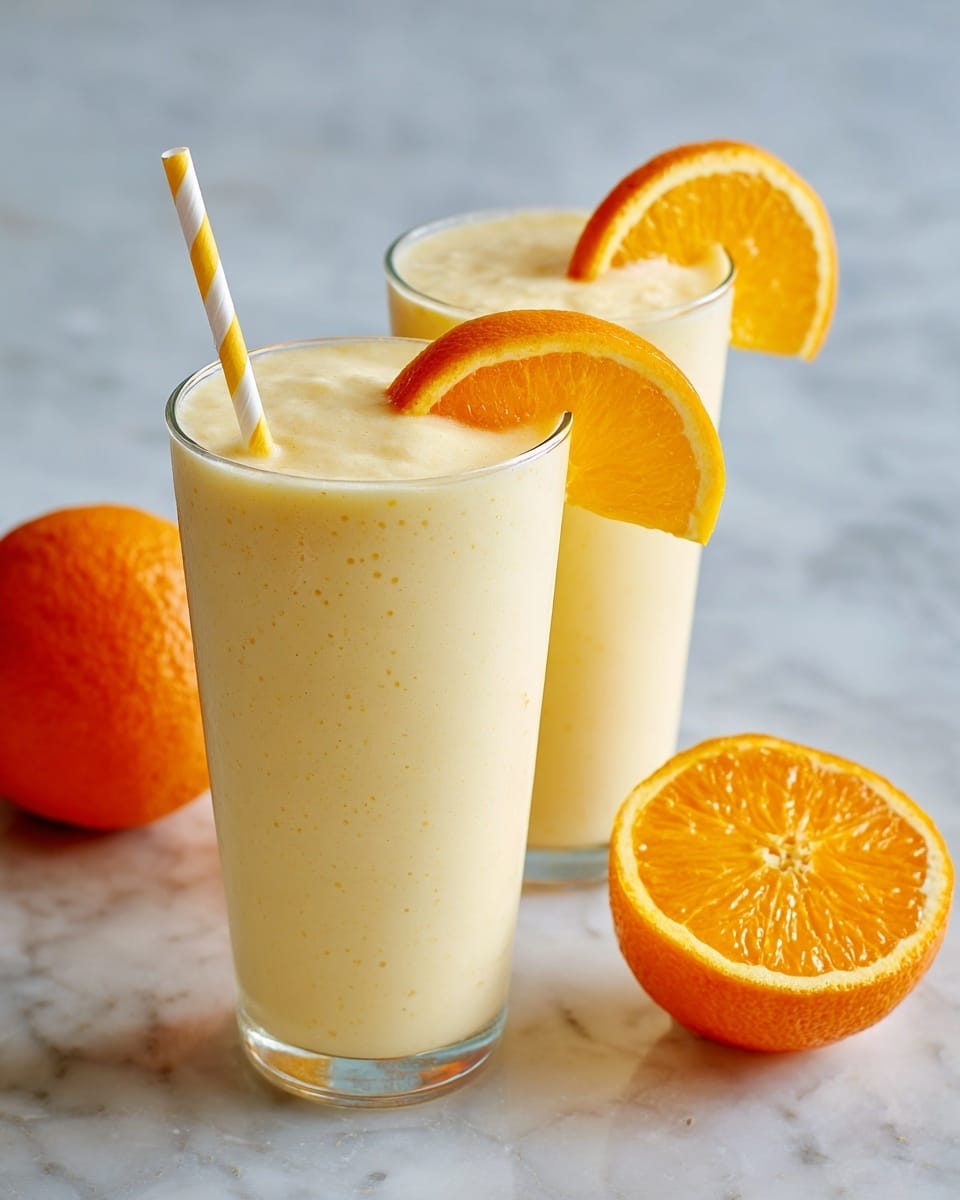 Two tall clear glasses are filled with a creamy light yellow smoothie, each topped slightly above the rim with a smooth surface showing tiny bubbles. Each glass has a thin orange slice placed on the rim, displaying bright orange skin with juicy yellow-orange flesh inside. One glass has a white and yellow striped paper straw standing upright near the orange slice. In the background, there are two whole oranges, one fully visible and one partly shown, both with textured bright orange skin. The glasses are set on a white marbled textured surface. photo taken with an iphone --ar 4:5 --v 7