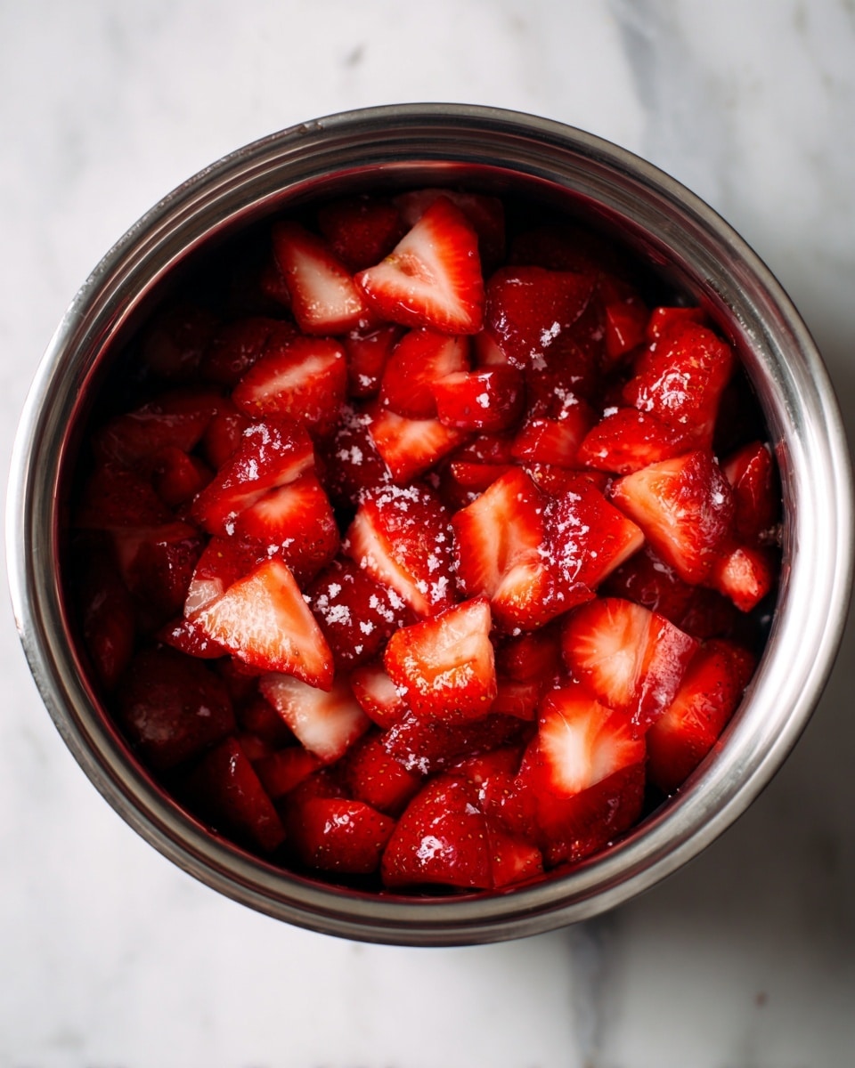 A close-up image shows a shiny silver pot filled with bright red chopped strawberries layered evenly inside. The strawberries have a fresh, juicy texture with a few sprinkled white granules on top, likely sugar, giving a slightly sparkling effect. The pot is placed on a white marbled surface, reflecting some soft light around the edges. No other layers are visible, just the single layer of vibrant strawberries evenly spread within the pot. Photo taken with an iphone --ar 4:5 --v 7