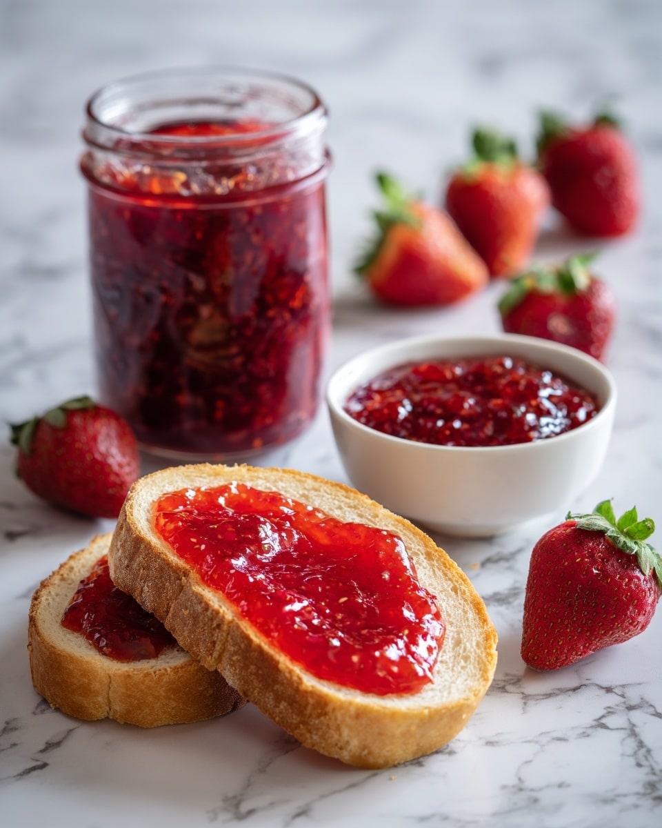 The image shows two slices of bread on a white marbled surface, with one slice spread thinly with a bright red strawberry jam. Behind the bread, there is a glass jar filled with chunky, vibrant red strawberry jam. To the right of the bread, a small white bowl is filled with the same jam. Scattered fresh strawberries with green tops surround the jar and bowl, adding a fresh and colorful touch to the scene. The lighting is soft and natural, highlighting the textures of the jam and strawberries. photo taken with an iphone --ar 4:5 --v 7