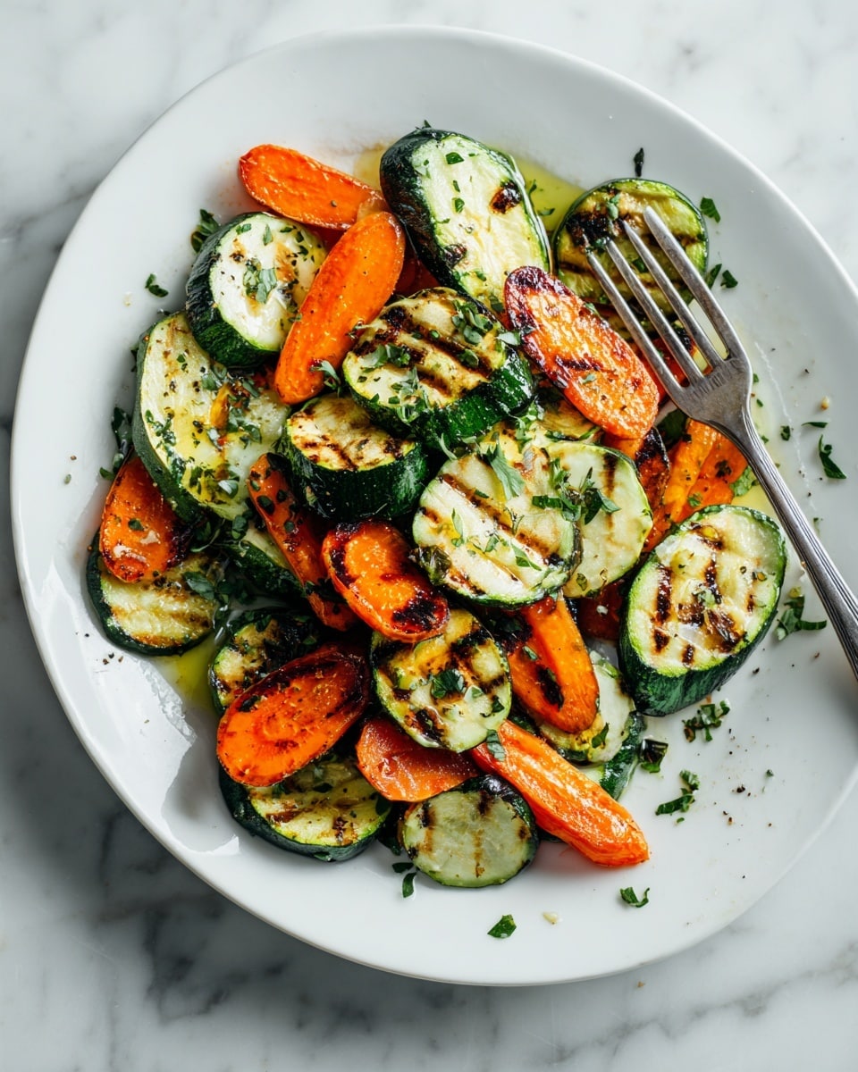 A white plate holds a colorful mix of grilled vegetables, mainly thick slices of green zucchini and bright orange carrots. The zucchini slices are slightly browned with grill marks, showing a soft texture inside with a dark green outer skin. The carrot pieces are similarly sliced in thick rounds with a tender and slightly charred look. The vegetables are scattered loosely on the plate, with some herbs sprinkled on top for extra detail. A metal fork is touching one slice of zucchini from the right side. The background is a white marbled surface. Photo taken with an iphone --ar 4:5 --v 7