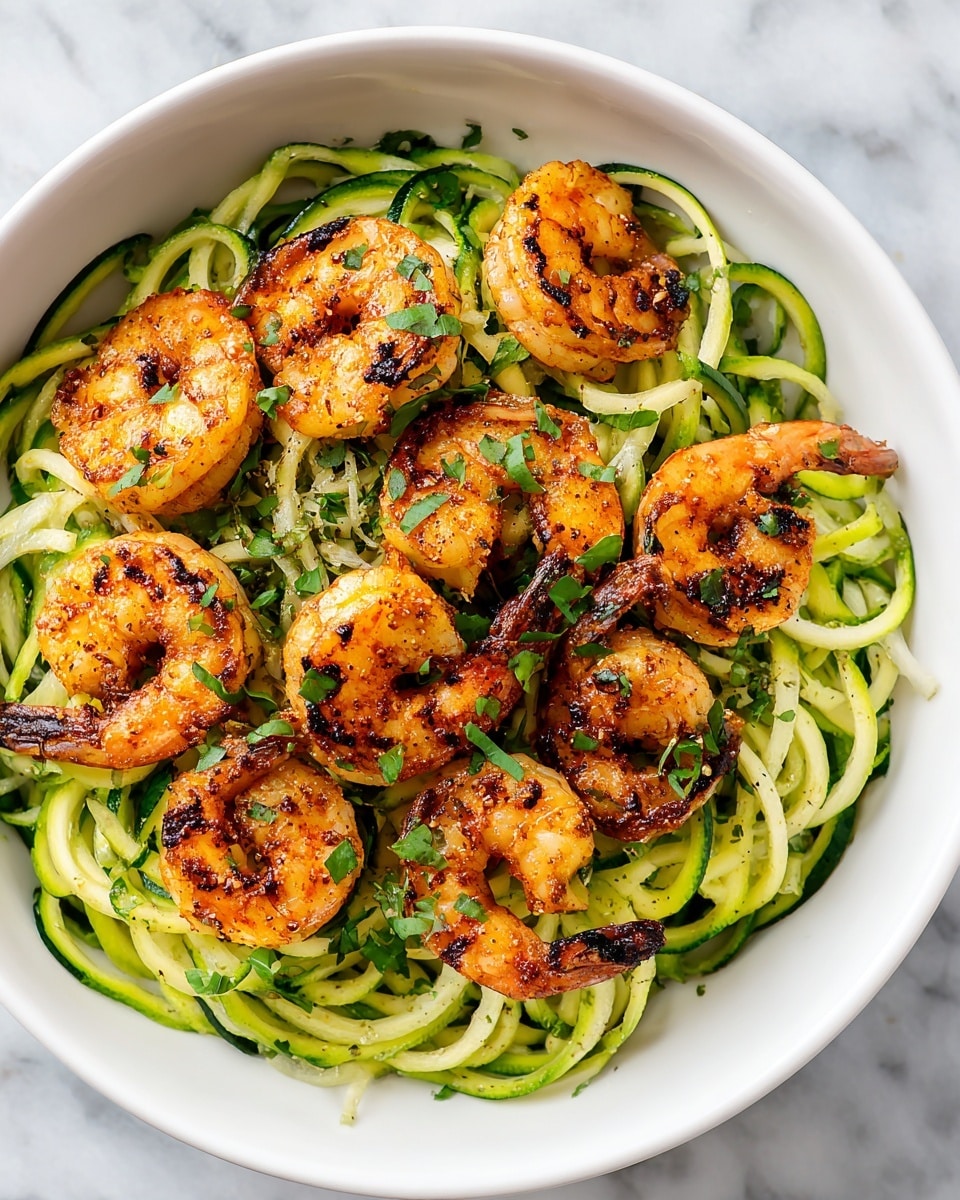 The dish shows a close-up of grilled shrimp with a slightly charred, orange-pink color, placed on top of a bed of spiralized green zucchini noodles with a fresh, light texture. The shrimp are scattered evenly over the zucchini, with some sprinkled pieces of green herbs on top. The food is served in a white bowl, and the background is a white marbled surface. photo taken with an iphone --ar 4:5 --v 7
