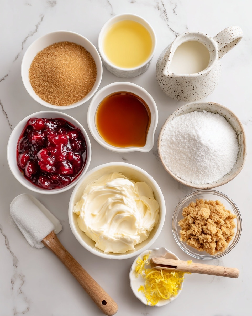 The image shows an overhead view of different baking ingredients arranged neatly on a white marbled surface. There are eight containers: a medium-sized white bowl in the center filled with creamy white cheese, a white bowl with bright red cherry pie filling on the left, a white bowl with light brown brown sugar on the top left, a small white bowl with yellow melted butter near the top center, a clear glass measuring jug with creamy white liquid on the top right, a white speckled pitcher with golden honey below the jug, a white bowl with golden graham cracker crumbs and a small wooden scoop on the right, a white bowl with white powdered sugar and a small wooden scoop toward the bottom, and a small clear glass bowl with bright yellow lemon zest near the bottom right. A white spatula with a wooden handle lies on the bottom left. photo taken with an iphone --ar 4:5 --v 7