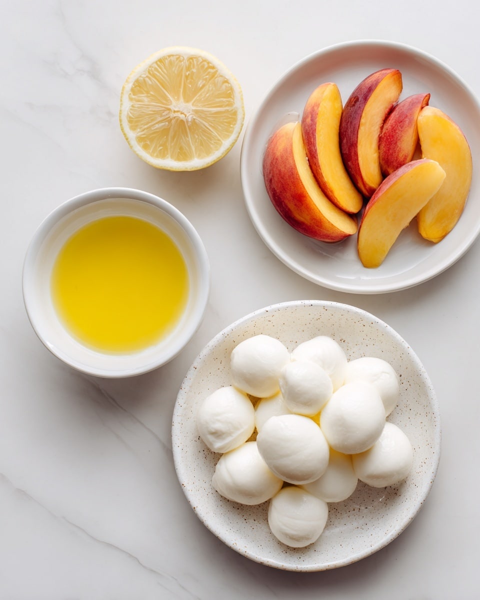 A white bowl filled with several thick slices of yellow and red peaches occupies the upper right area of a white marbled surface. Below it, a white speckled plate holds a pile of smooth, soft white mozzarella balls with slightly uneven shapes. To the left of the mozzarella plate, there is a small white bowl filled with bright yellow liquid, likely a sauce or dressing. Above this bowl, a half lemon with a pale yellow interior and white seeds is placed flat on the white marbled background. The composition is simple and clean, showing fresh ingredients against a bright, neutral surface. photo taken with an iphone --ar 4:5 --v 7