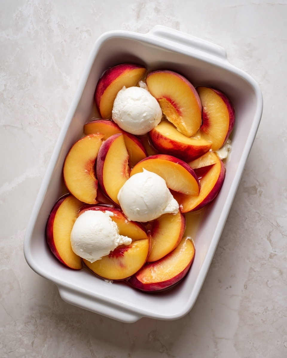 Inside a white rectangular dish, there are many slices of bright orange peach with red skin scattered evenly across the bottom. On top of the peach slices, there are six soft white balls of creamy cheese, some of which have small chunks missing that reveal a smooth texture inside. The dish sits on a white marbled surface, giving the image a clean and fresh look. photo taken with an iphone --ar 4:5 --v 7