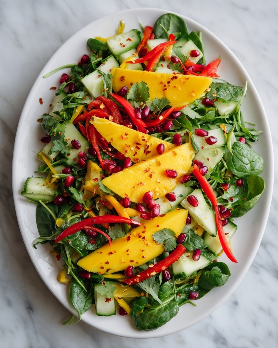 A white oval plate filled with a colorful salad rests on a white marbled surface. The salad has several layers: at the base are fresh spinach and cilantro leaves, bright red bell pepper strips spread evenly on top, and light green cucumber slices mixed throughout. Large, thick yellow mango slices are placed on top of the greens. Scattered dark red pomegranate seeds add small pops of color all over the salad. The salad looks fresh and vibrant with a slight sprinkling of red pepper flakes. Photo taken with an iphone --ar 4:5 --v 7