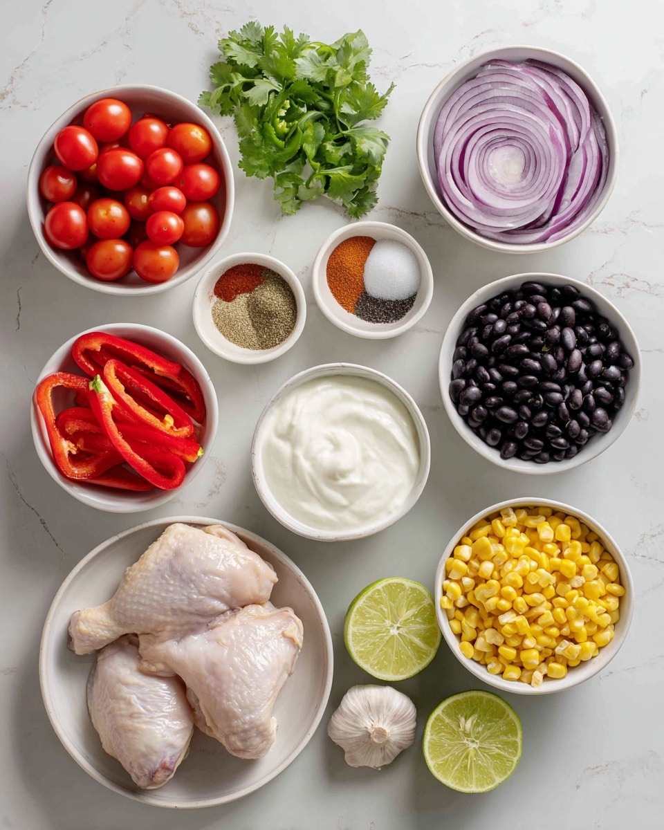 The image shows several small white bowls and a white plate arranged on a white marbled surface. From the top left, there is a white bowl filled with bright red cherry tomatoes, next to it a white bowl with thinly sliced red onion layers that are purple and white, and a white bowl of fresh green cilantro leaves to the right. Below the onions, a white bowl contains four different spices in separate sections: white salt, black pepper, red chili powder, and light brown garlic powder. To the left below the spices is a white bowl with sliced green jalapeno peppers, and next to it a white bowl with red bell pepper strips. Below these, a white bowl holds white sour cream with a smooth texture. In the bottom left is a white plate holding four raw chicken thighs with a beige color. In the center at the bottom are two lime halves showing a juicy, green inside. To the right of the lime, a white bowl has bright yellow corn kernels, and above that is a white bowl filled with dark black beans. Lastly, two cloves of garlic with a light beige color sit beside the black beans. Photo taken with an iphone --ar 4:5 --v 7