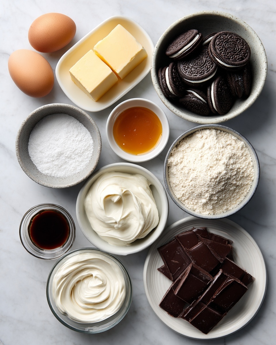 A top-down view of various baking ingredients arranged neatly on a white marbled surface. There are three brown eggs in a small round bowl on the left. Above it, a white small dish holds four thick cubes of pale yellow butter. Next to the butter is a small white bowl filled with amber-colored corn syrup. Above the corn syrup, a grey bowl contains white flour. To the right of the eggs and butter, there is a white bowl full of whole black Oreos with cream centers visible. Below the Oreos is a small white bowl filled with white heavy whipping cream. At the bottom left, a white dish holds a mound of white sugar. Next to it, a small clear glass cup contains dark brown vanilla extract. Below the sugar and vanilla is a white round plate with broken pieces of dark unsweetened chocolate arranged in layers. The shot captures all elements clearly with natural light, photo taken with an iphone --ar 4:5 --v 7