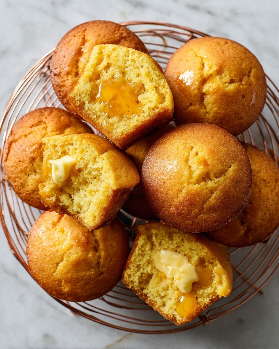 The image shows nine small yellow cornbread muffins with a light brown crust sitting on a round copper cooling rack. Four of the muffins are cut in half, revealing a soft, crumbly inner texture with smooth, creamy butter spread on top. Four whole muffins have small swirls of butter or cream gently melting on their tops, with one muffin in the front center glistening with honey or syrup dripping slightly down the sides. The cooling rack rests on a white marbled surface that adds a clean, bright background to the warm colors of the muffins and butter. Photo taken with an iphone --ar 4:5 --v 7