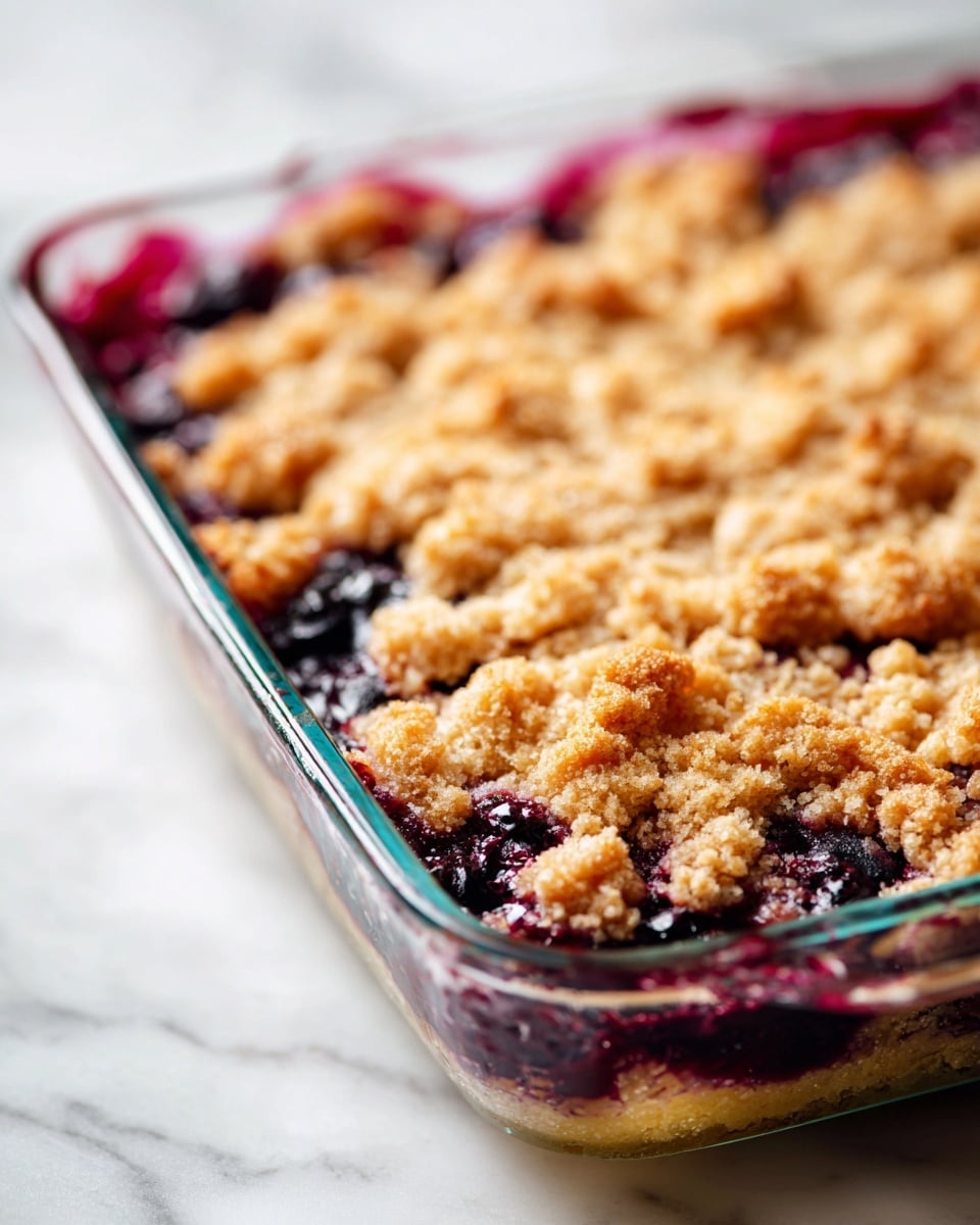 A close-up view of a baked dessert in a clear glass rectangular dish with a golden brown crumbly crust on top. The dessert has a textured surface with dark purple spots where the blueberry filling peeks through. The base layer appears soft and slightly golden, visible around the edges where it rises to meet the crumbly top layer. The dish is placed on a white marbled surface with a soft focus on the background. photo taken with an iphone --ar 4:5 --v 7