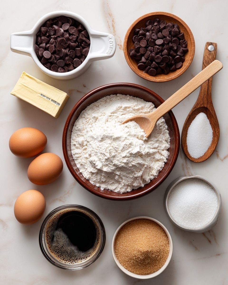 The image shows baking ingredients neatly arranged on a white marbled surface. At the center is a large brown bowl filled with white flour, with a wooden spoon resting inside it. To the left, a white measuring cup overflows with dark chocolate chips, next to a yellow box of baking soda. Below is a clear glass bowl holding a foamy, dark liquid. Two brown eggs sit near the center and a white bowl on the right contains packed light brown sugar. There is also a small wooden bowl with white salt and a white cup holding granulated sugar. photo taken with an iphone --ar 4:5 --v 7