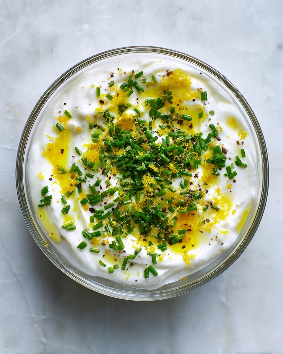 A clear glass bowl sits on a white marbled texture surface, containing three visible layers. The bottom layer is smooth and creamy white, likely sour cream or yogurt. The middle layer consists of small scattered patches of bright yellow lemon zest and light drizzle of golden olive oil. The top layer features a generous amount of finely chopped fresh green herbs like chives and parsley, sprinkled evenly with tiny black pepper specks. The mixture is set to be stirred, with a clear view of each layer’s texture and color. photo taken with an iphone --ar 4:5 --v 7