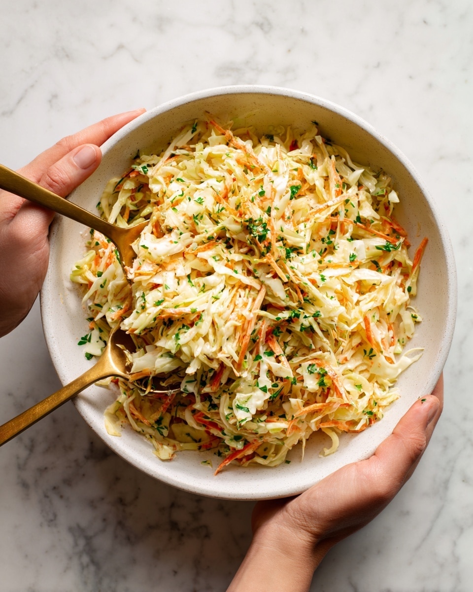 A large white bowl filled with finely shredded coleslaw made of pale yellow cabbage mixed with thin orange carrot strips, all coated in a creamy light dressing with small green herb pieces sprinkled throughout. Two golden-colored spoons are scooping up the coleslaw, held by a pair of adult hands over a white marbled surface. The coleslaw looks fresh and slightly textured with some leafy herbs on top. photo taken with an iphone --ar 4:5 --v 7
