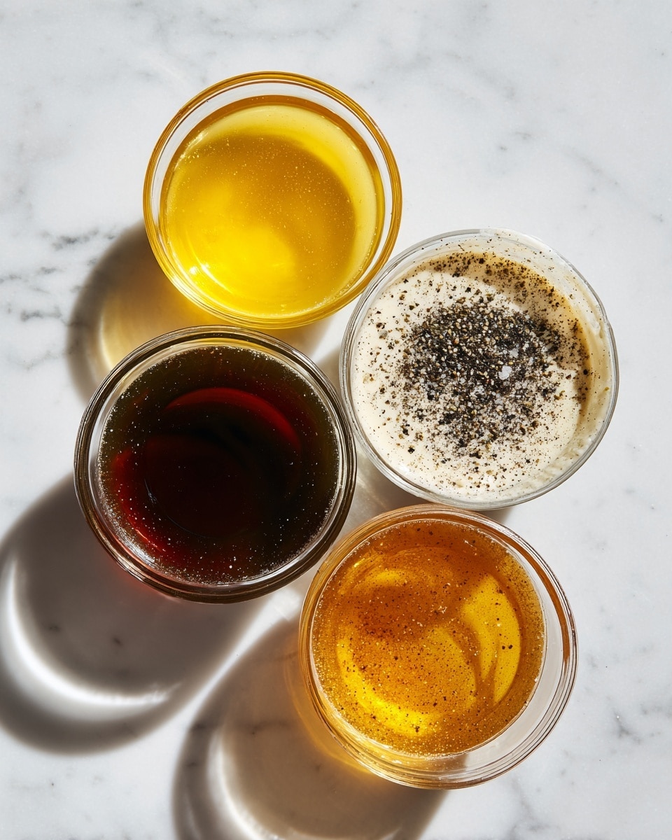 The image shows four small clear glass bowls placed on a white marbled surface. The top bowl contains a golden yellow liquid layered evenly, the left bowl below holds a dark brown liquid, the right bowl below has a light amber liquid, and the bottom bowl contains a creamy off-white substance sprinkled with black pepper and salt on one side. Each bowl showcases different textures and rich colors, arranged in a loose diamond shape, with soft natural light highlighting the liquids' clarity. photo taken with an iphone --ar 4:5 --v 7