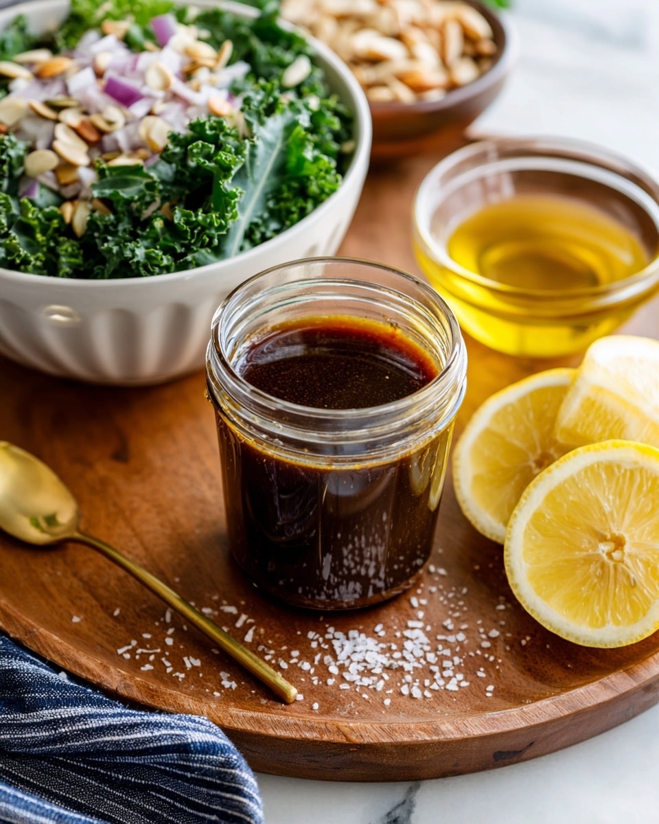 The image shows a clear glass jar filled with dark brown, smoothly blended dressing, positioned in the center of the frame on a white marbled surface. Above the jar, a white bowl is partially visible, filled with dark green kale leaves and sprinkled with thinly sliced light brown almonds, pale cheese shreds, and small purple onion pieces. To the right of the jar, a small glass container holds bright golden-yellow oil, while a gold-colored spoon lies to the left side on the marbled surface. A blue and white striped cloth is draped softly in the bottom left corner, adding a cozy touch. Photo taken with an iphone --ar 4:5 --v 7