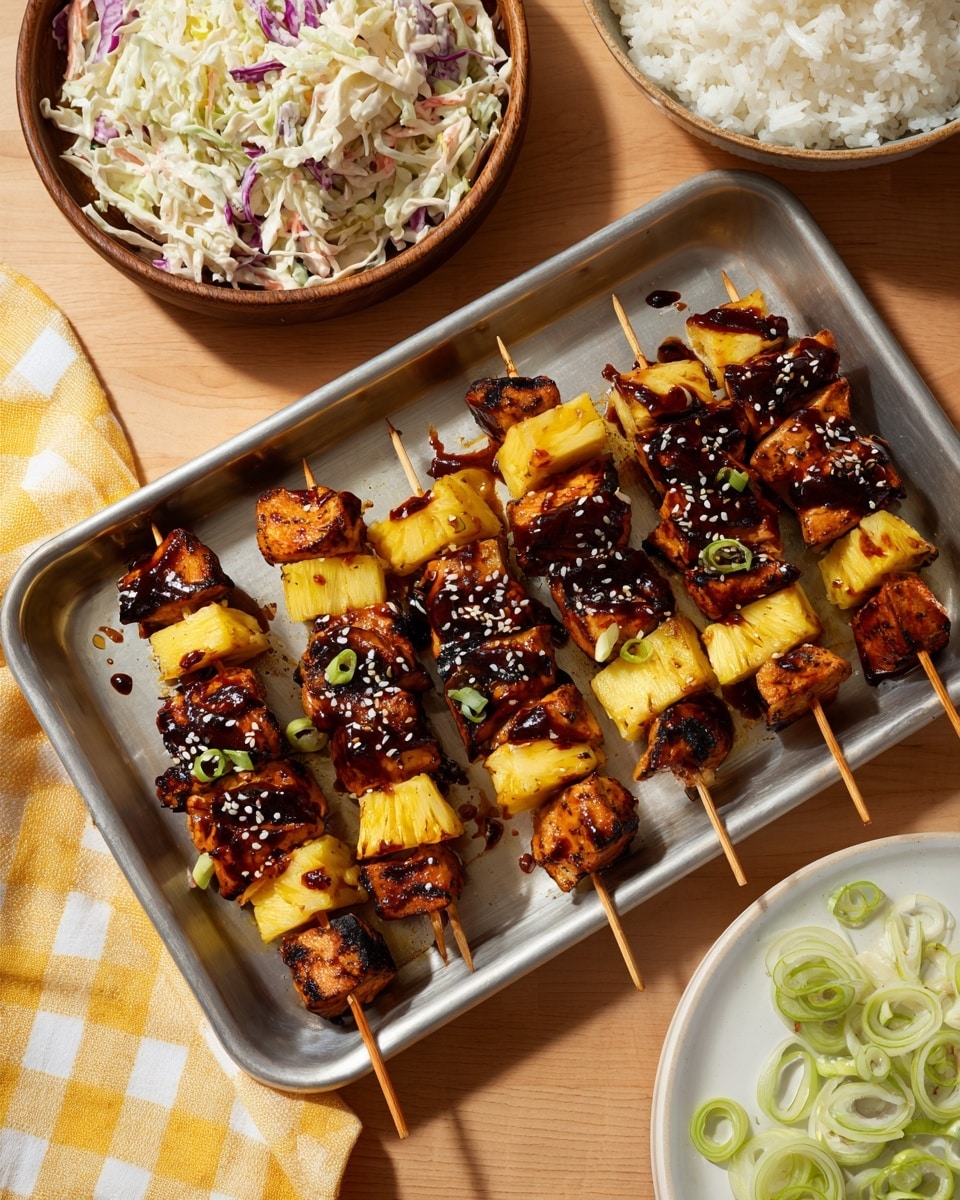 Four wooden skewers are placed on a silver tray, each with grilled chunks of chicken and yellow pineapple pieces arranged alternately, coated with a shiny dark sauce. The chicken has some charred edges and is topped with white sesame seeds and small slices of green onion. Around the tray, there are bowls with white rice, coleslaw made of shredded white and purple cabbage and carrots with a creamy dressing, and sliced green onions on a white plate. The setting is on a light wooden table with a white marbled texture, and a yellow and white checkered cloth is partially visible in the background. Photo taken with an iphone --ar 4:5 --v 7
