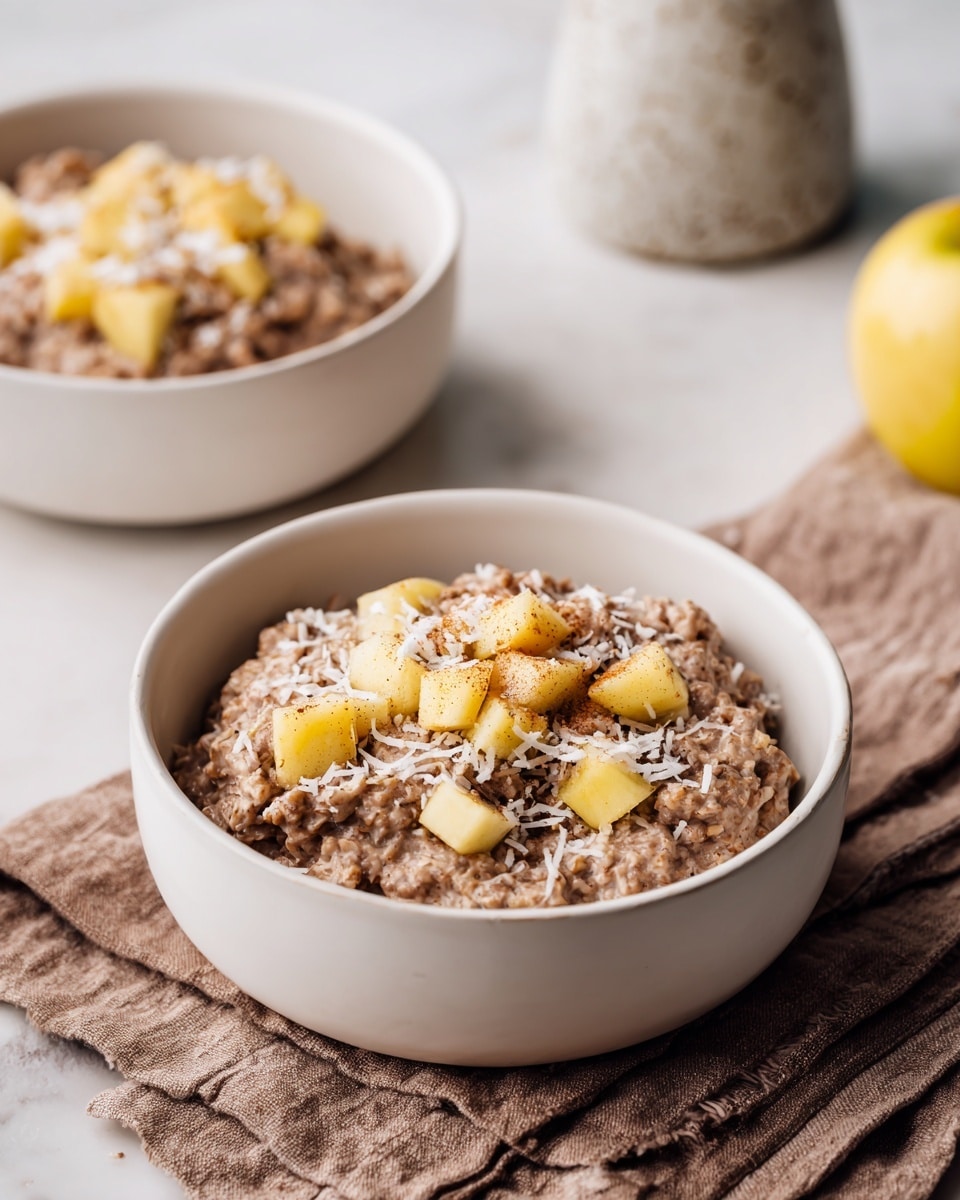 Two white bowls filled with a brown textured oatmeal dish topped with small chunks of cooked light yellow apples sprinkled with a bit of cinnamon and white shredded coconut. One bowl is placed on a small piece of rough brown cloth on a white marbled surface and the other bowl is blurred in the background. To the right, a small speckled white jug and a yellow apple are slightly out of focus. The oatmeal looks soft and chunky with visible bits of apple mixed in. photo taken with an iphone --ar 4:5 --v 7