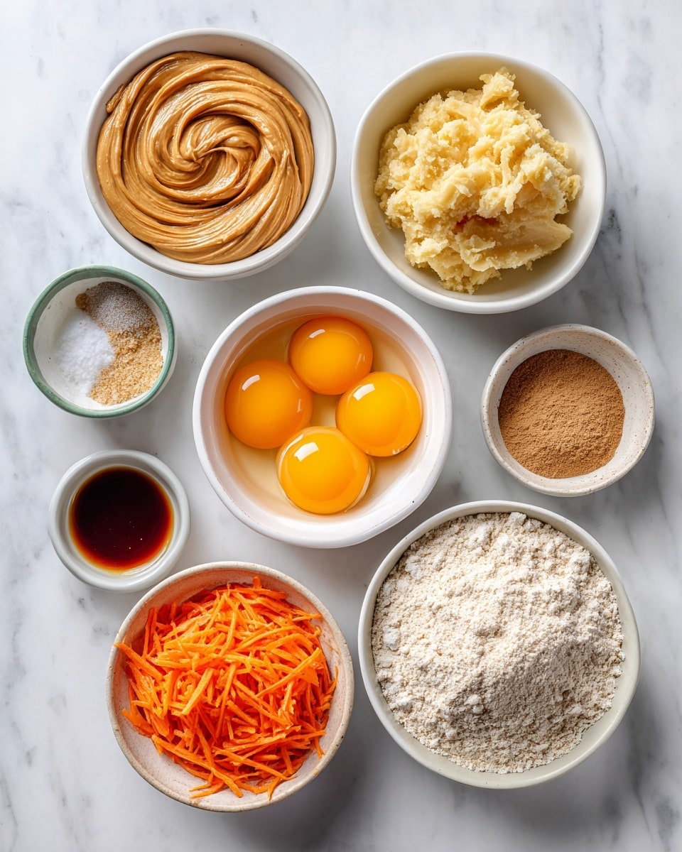 The image shows seven small white bowls on a white marbled surface. The top left bowl contains creamy peanut butter with a smooth texture and swirled pattern. To its right, a bowl holds pale yellow mashed banana with a soft, slightly lumpy texture. Below the peanut butter, a bowl has three raw eggs with bright yellow yolks and clear whites. To the right of the eggs is a bowl filled with light tan whole wheat flour, smooth and fine. Below the flour, a small bowl holds a mix of baking soda, cinnamon, and sea salt with powdery and granular textures. Next to it, a small bowl contains dark amber vanilla extract, smooth and shiny. At the bottom center, a bowl holds bright orange shredded carrot with a rough, fibrous texture. Photo taken with an iphone --ar 4:5 --v 7