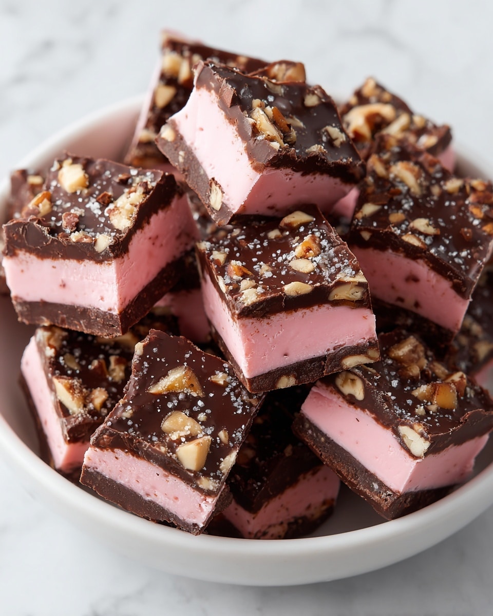 The image shows many small square pieces of chocolate-covered candy piled inside a white dish. Each piece has three visible layers: a top layer of dark chocolate with nuts mixed in, a middle layer that is smooth and pink, and a bottom layer of dark chocolate that also contains nuts. The chocolate surface looks slightly shiny and textured, while the pink layer is soft and creamy. The pieces are close together and fill the bottom of the dish, all sitting on a white marbled surface. photo taken with an iphone --ar 4:5 --v 7