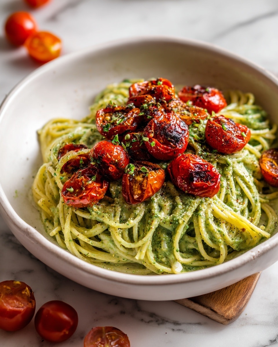 A white bowl filled with creamy spaghetti coated in green pesto sauce forms the base layer, with strands tangled and slightly glossy. On top, there is a second layer of roasted cherry tomatoes that are bright red with charred black spots, giving them a roasted look. The bowl sits on a white marbled surface, and there are a few whole cherry tomatoes scattered around the bowl. The background is softly lit, creating a warm and inviting atmosphere. photo taken with an iphone --ar 4:5 --v 7